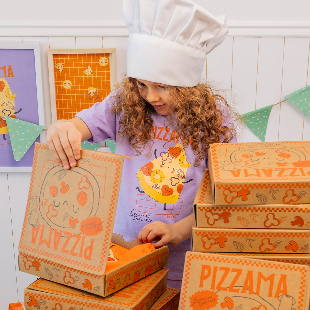 Two-piece purple pajamas with pizza patterns, child