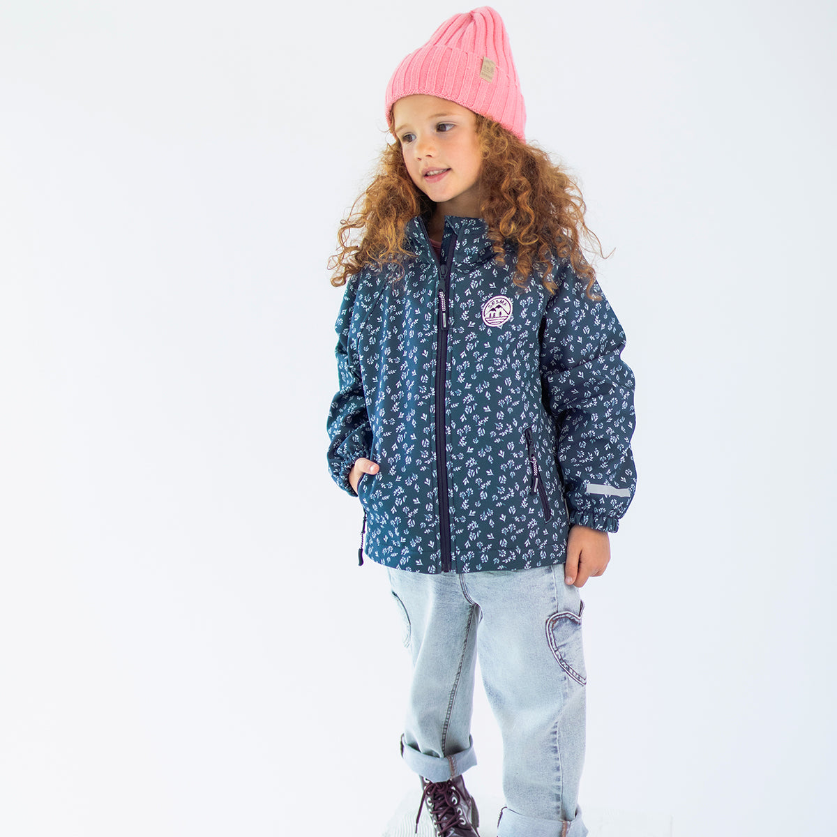 Manteau softshell bleu à imprimé floral, enfant