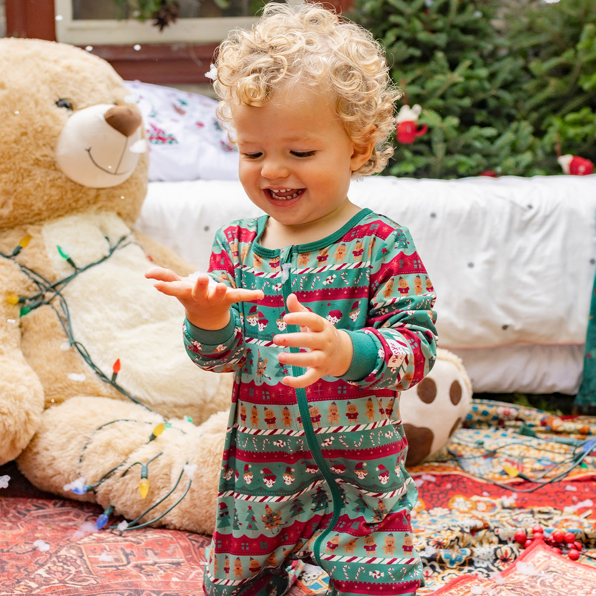 Forest green one-piece holiday print pajama, baby