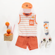 T-shirt sans manches crème et orange rayé en coton, enfant || Cream and orange stripes sleeveless t-shirt in cotton, child