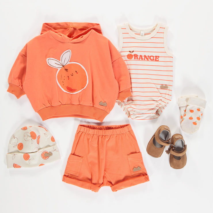 Chandail à capuchon orange avec illustration en doux coton, naissance || Orange hoodie with print in soft cotton, newborn