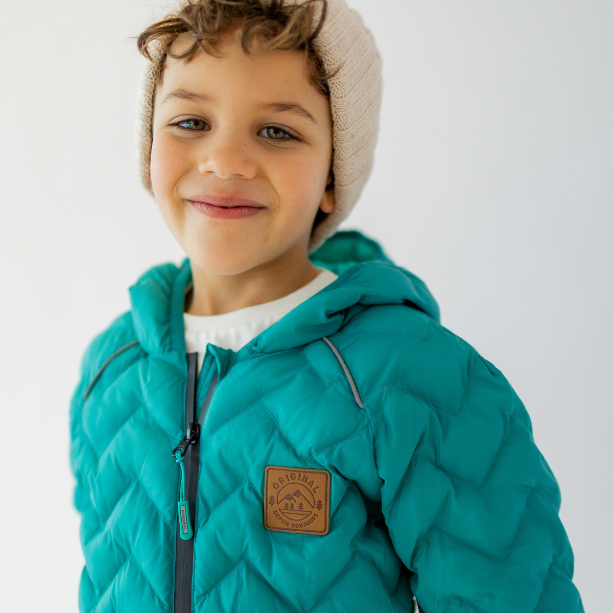 Manteau doudoune turquoise avec matelassé chevron, enfant
