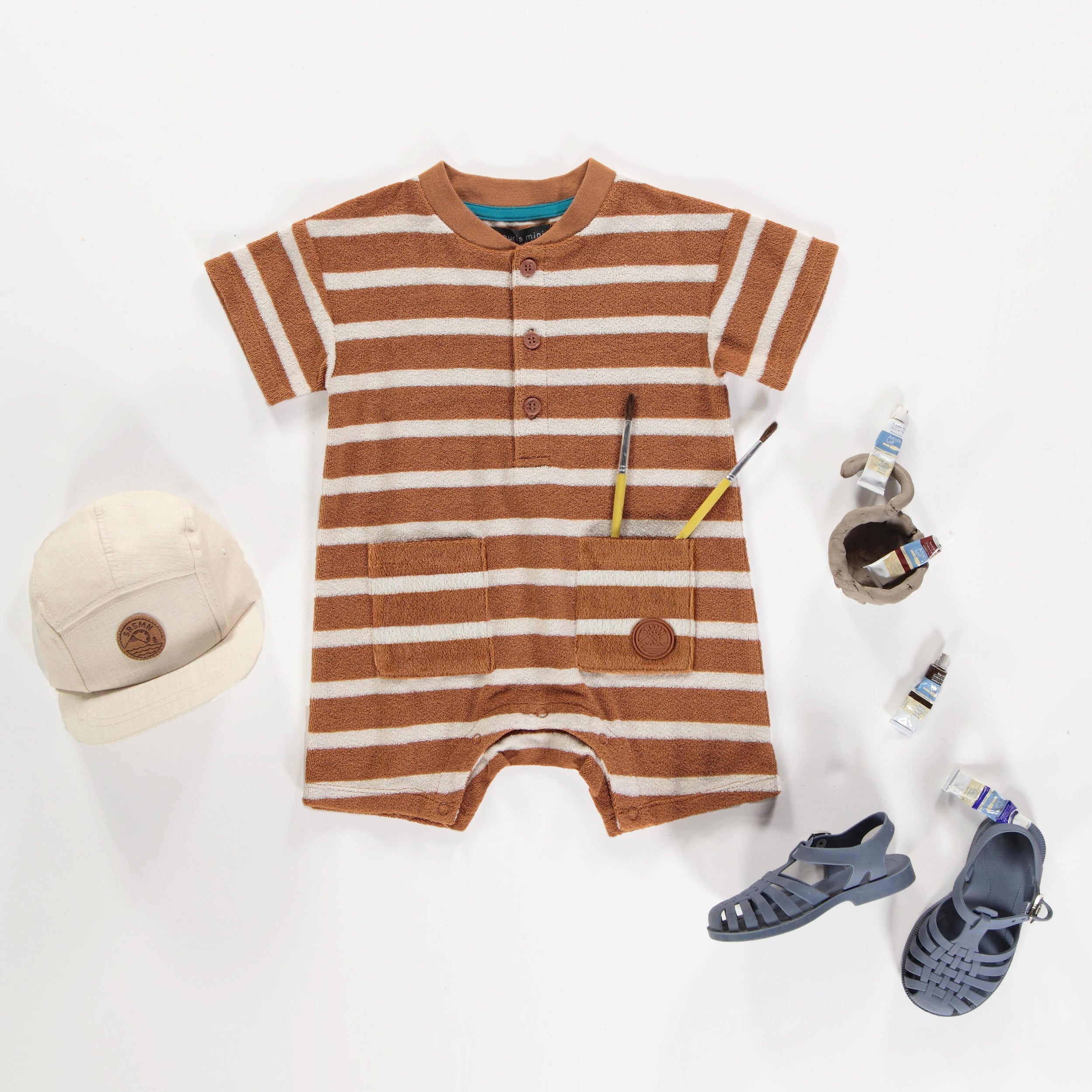 Une-pièce caramel et crème ligné avec col henley en ratine, bébé