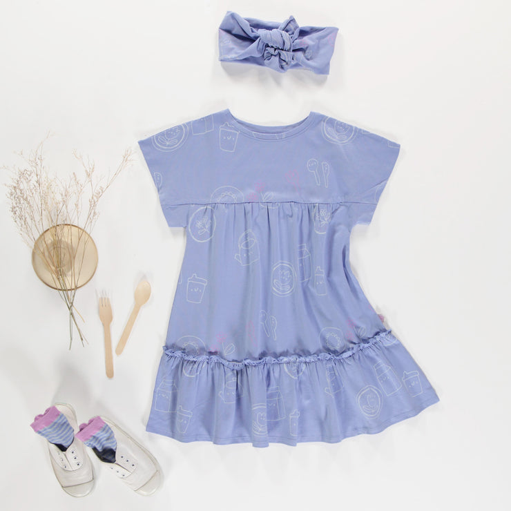 Robe bleue lavande à motifs en coton extensible, bébé || Lavender blue patterned dress in stretch cotton, baby