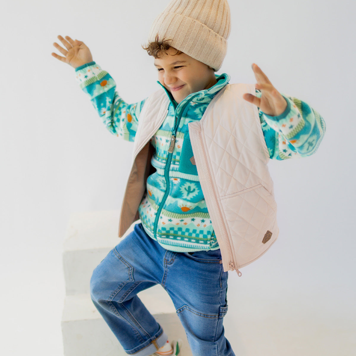 Veste sans manches beige à motif matelassé de losanges, enfant