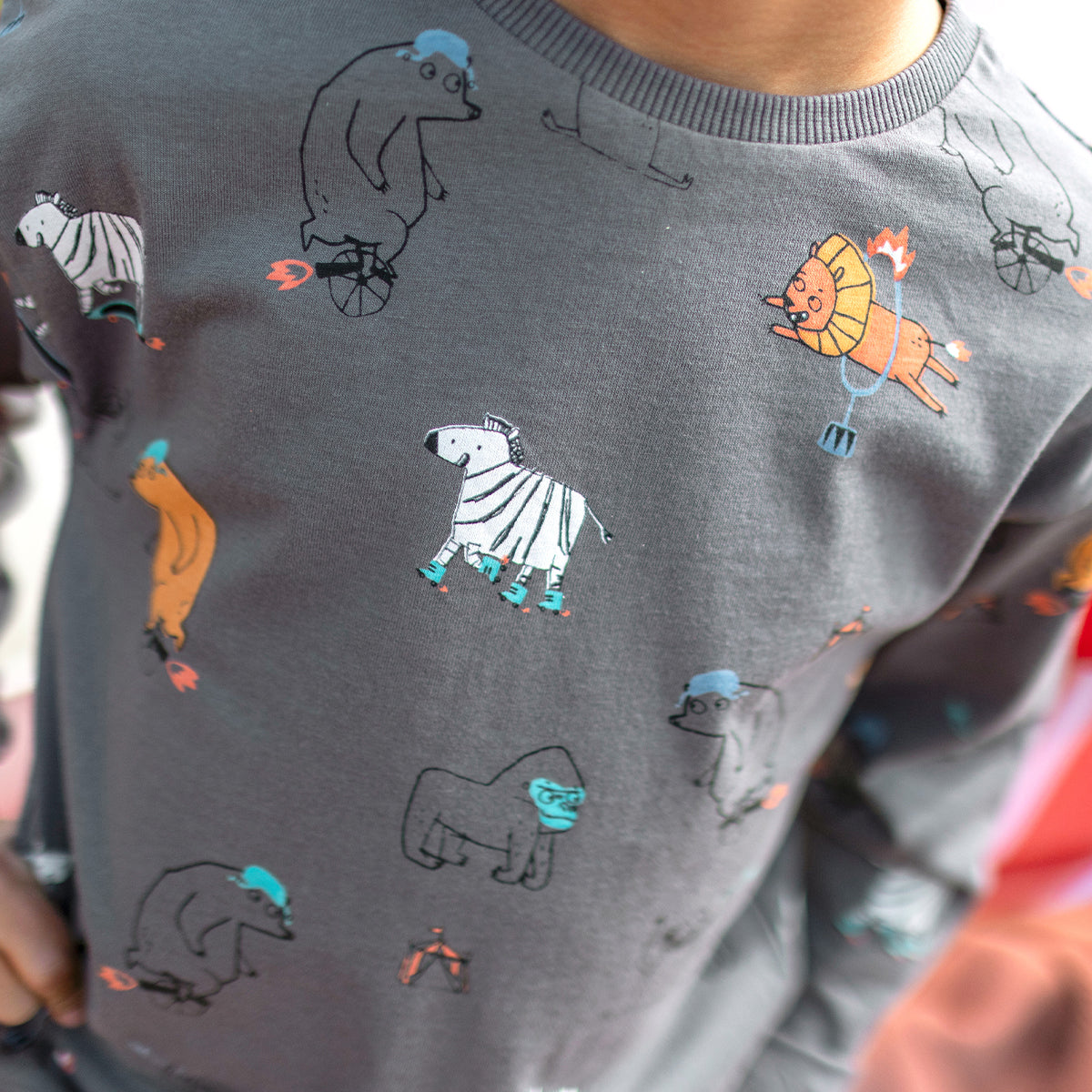 Zoom motifs du t-shirt gris à motifs d’animaux, enfant