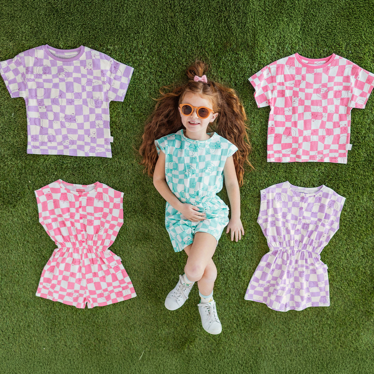 Combishort bleu aqua et crème à carreaux et motifs, enfant