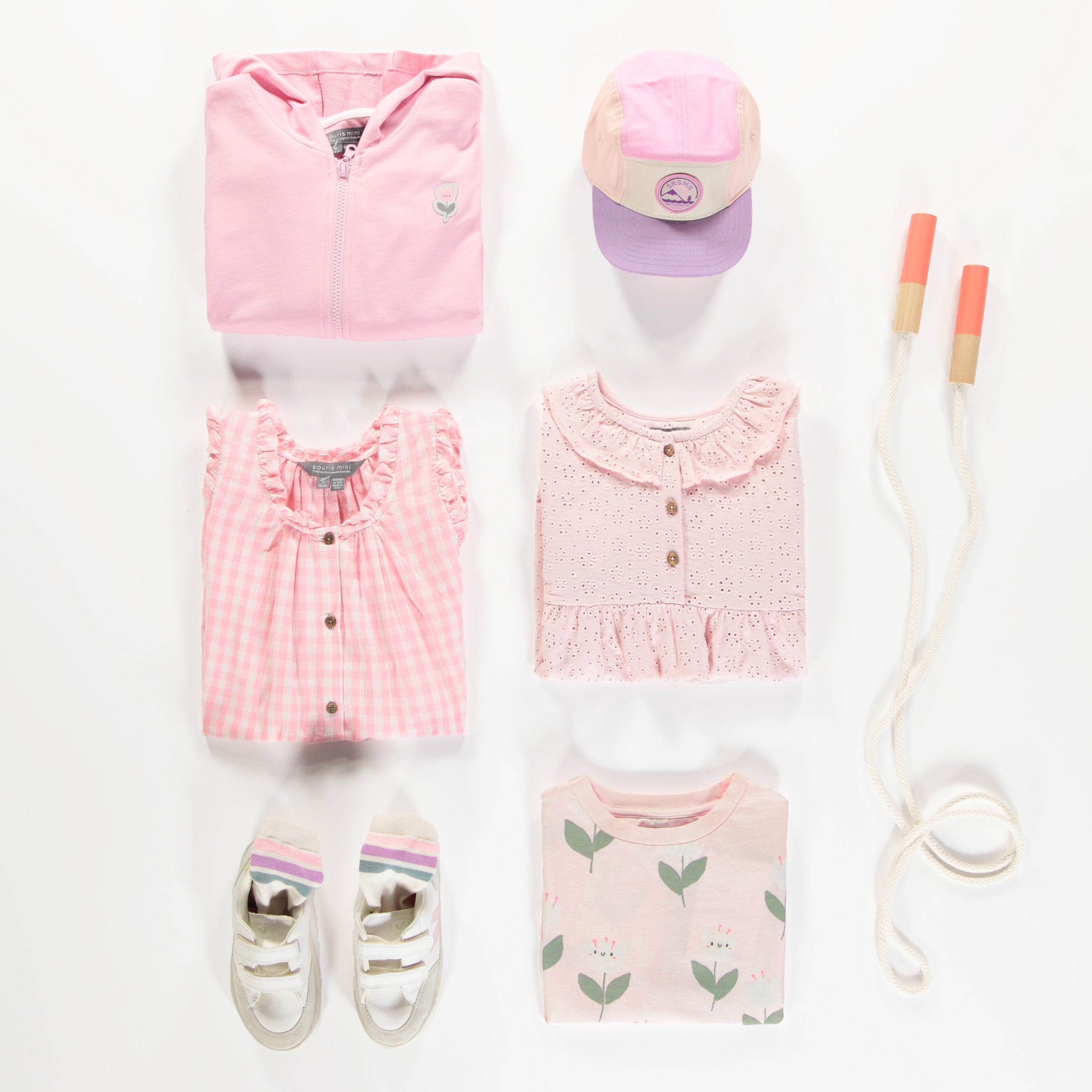 Pink and white checkered dress with large straps in seersucker, child