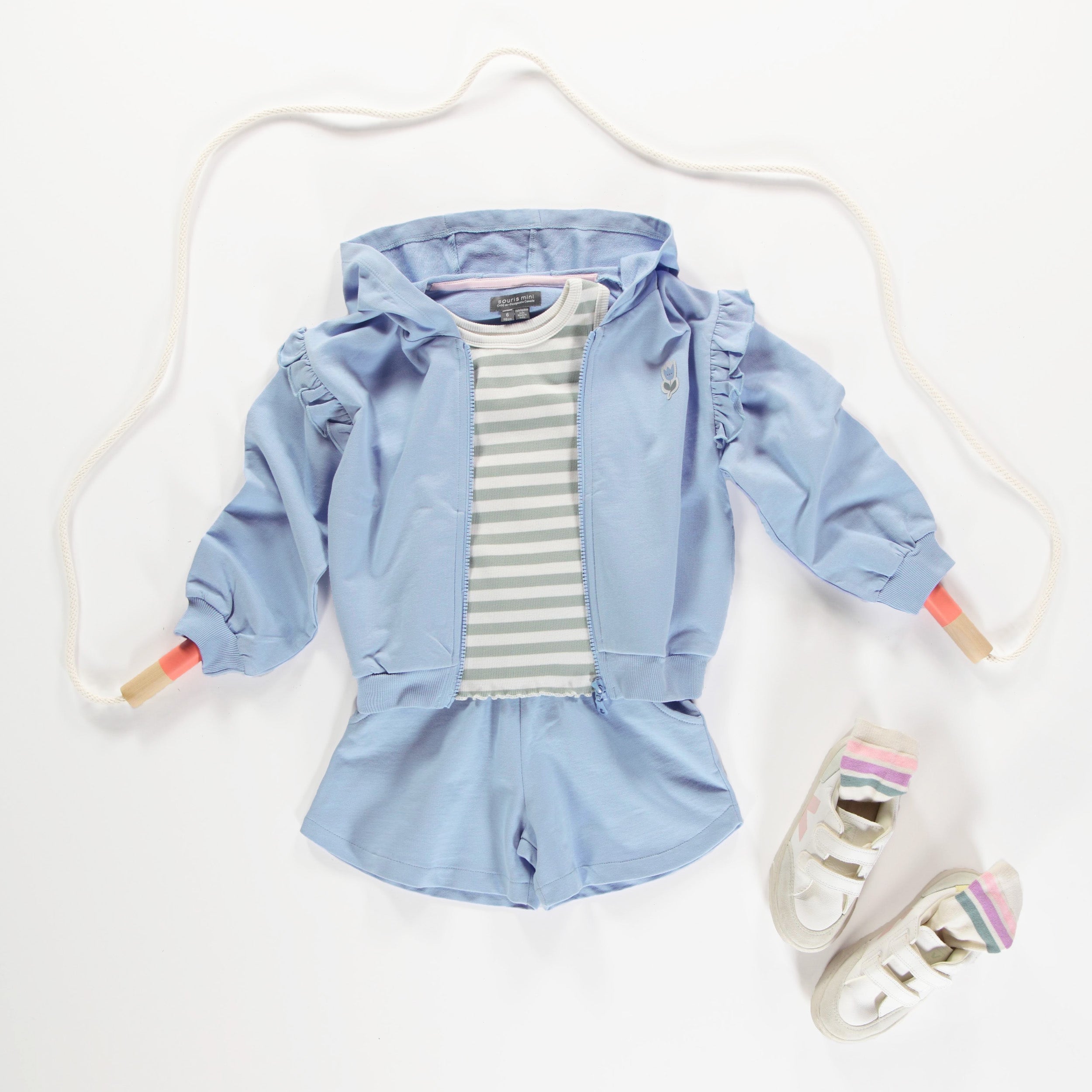 Loose-fitting celestial blue sweater with tulip motif in french cotton, child
