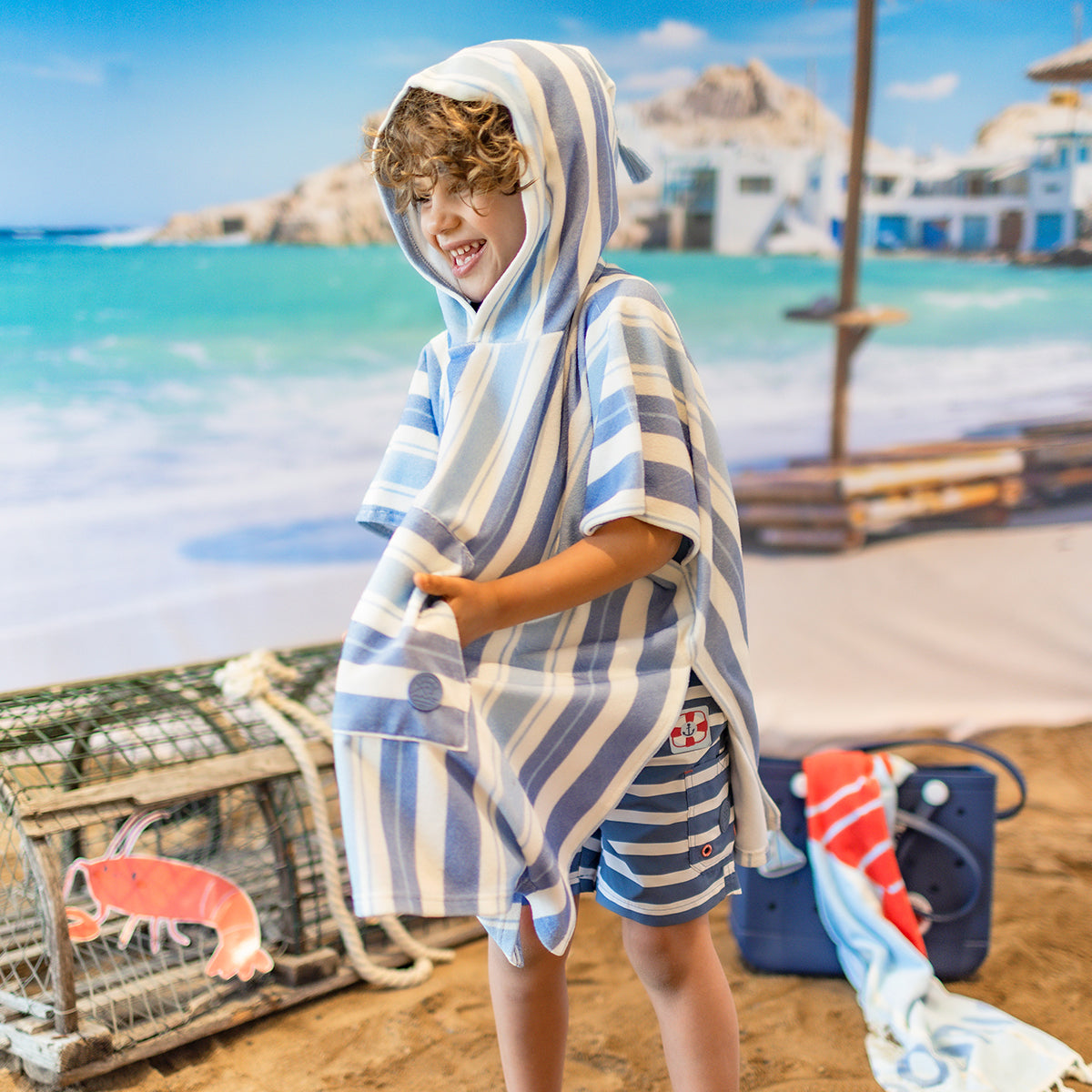 Poncho de plage blanc à rayures bleues, enfant