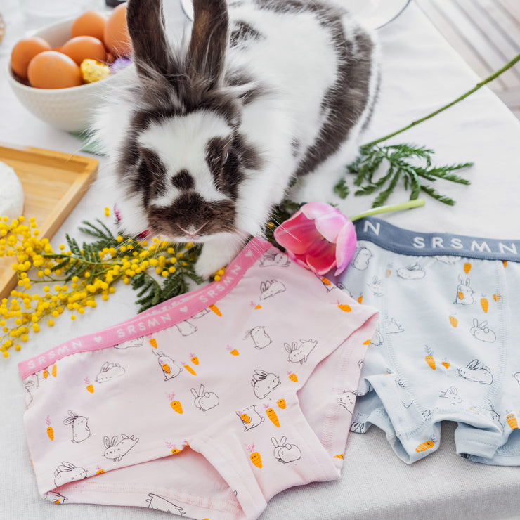 Culotte garçonne rose à motif de lapins et de poules en jersey extensible, enfant || Pink boycut panties with bunnies and chickens print in stretch jersey, child