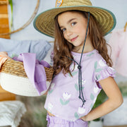 T-shirt ample lilas à motifs de jolies tulipes en jersey extensible, enfant || Loose-fitting lilac t-shirt with tulip all over print in stretch jersey, child