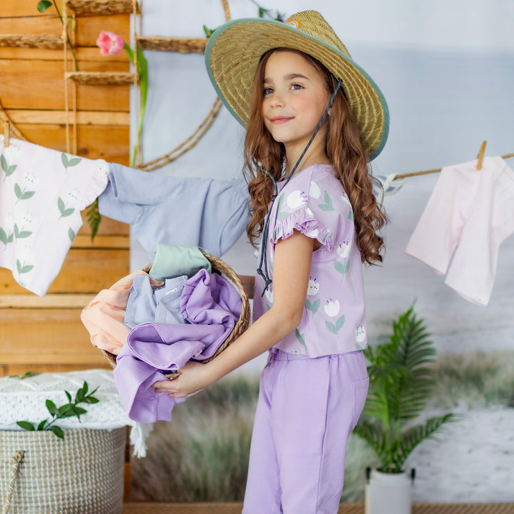 Pantalon décontracté lilas en doux coton français, enfant  || Lilac relaxed pants in soft french cotton, child