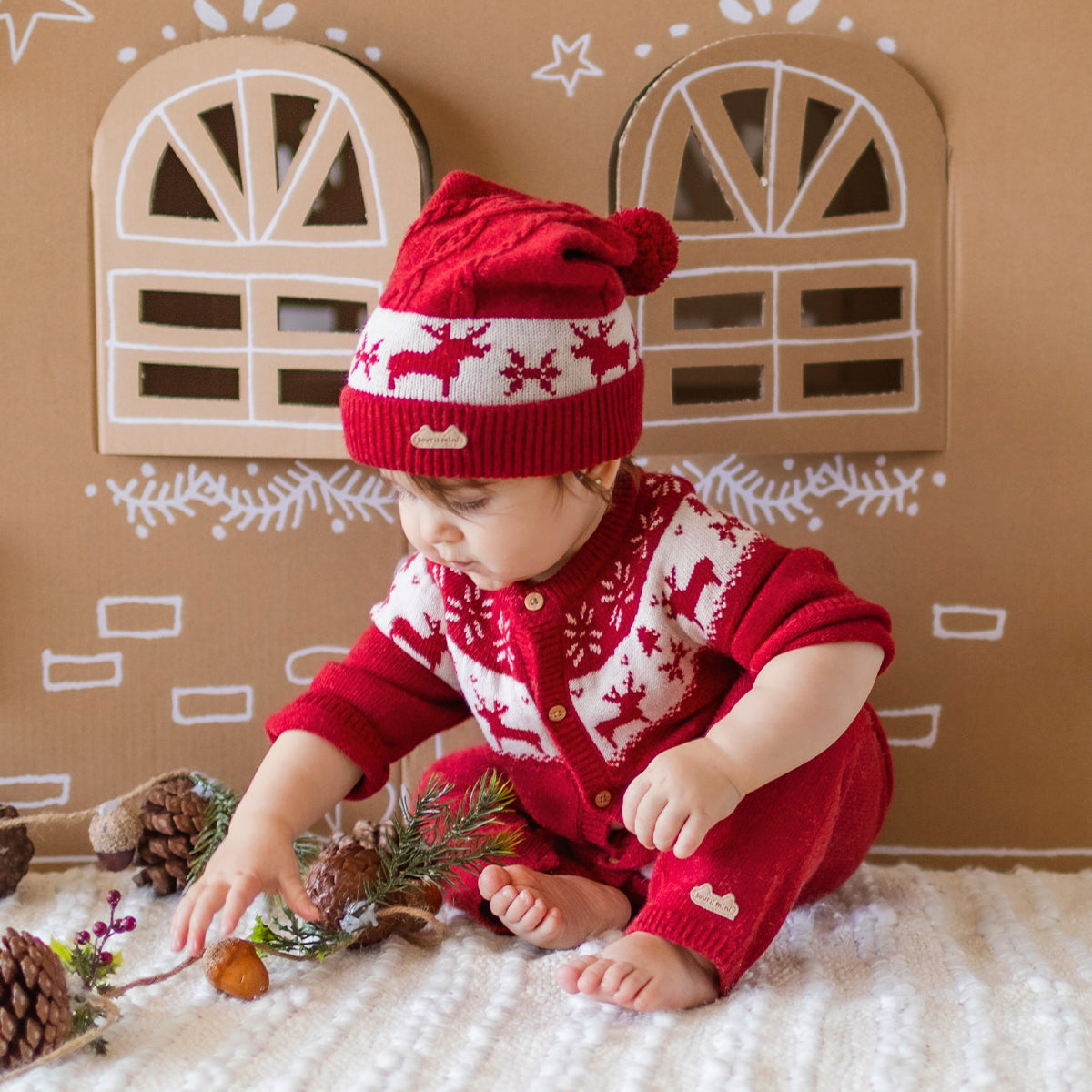 Red knit one-piece with jacquard patterns, newborn