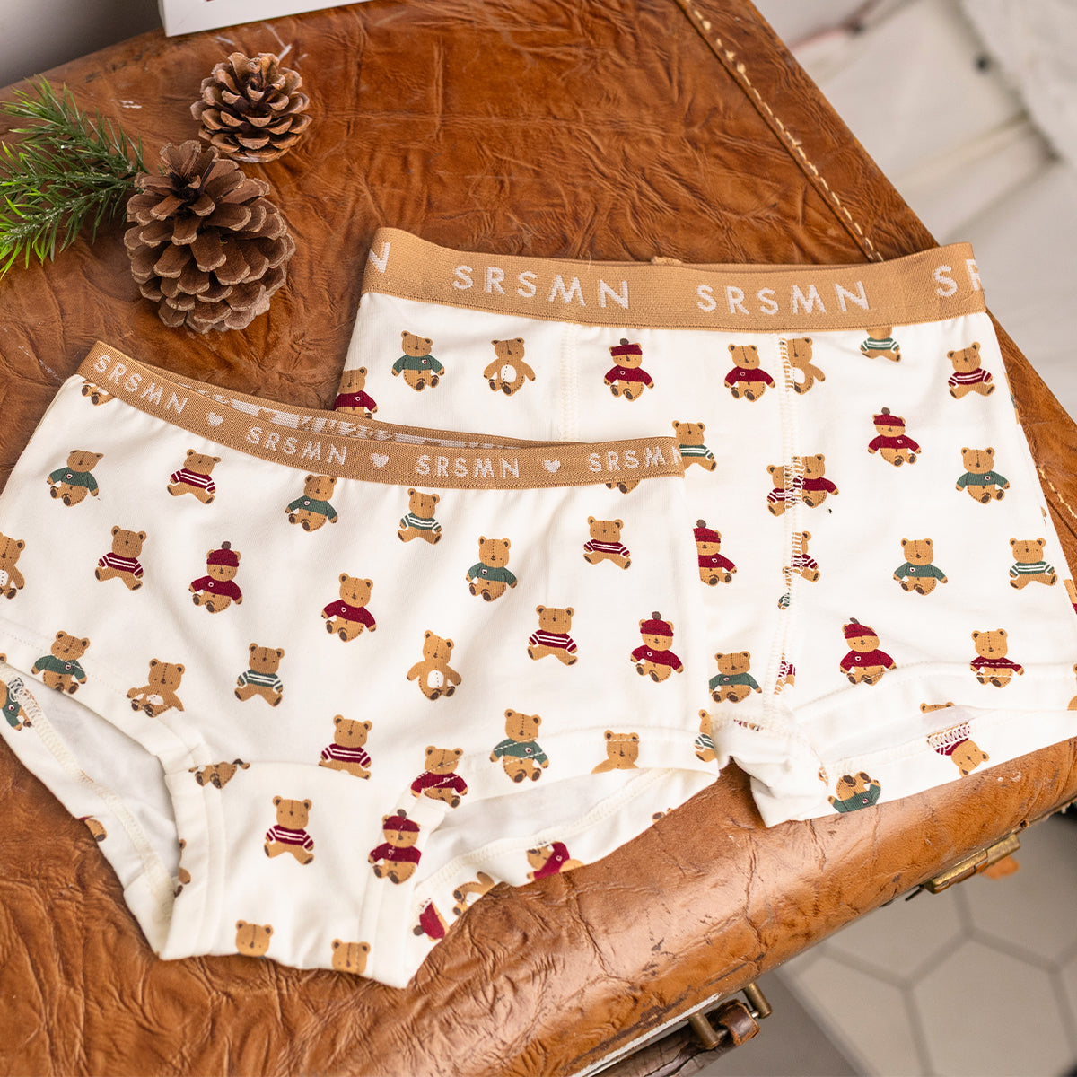 Cream boyshort underwear with teddy bear print, child