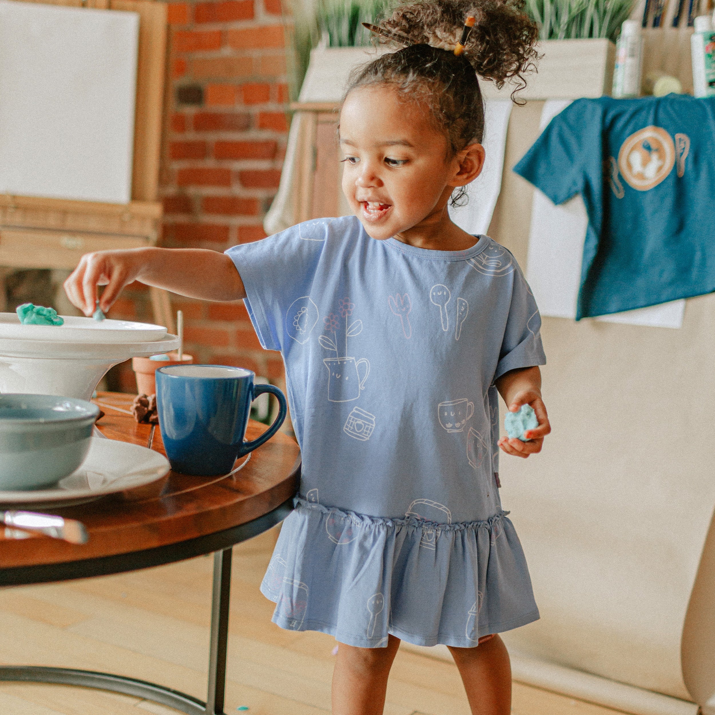 Robe bleue lavande à motifs en coton extensible, bébé