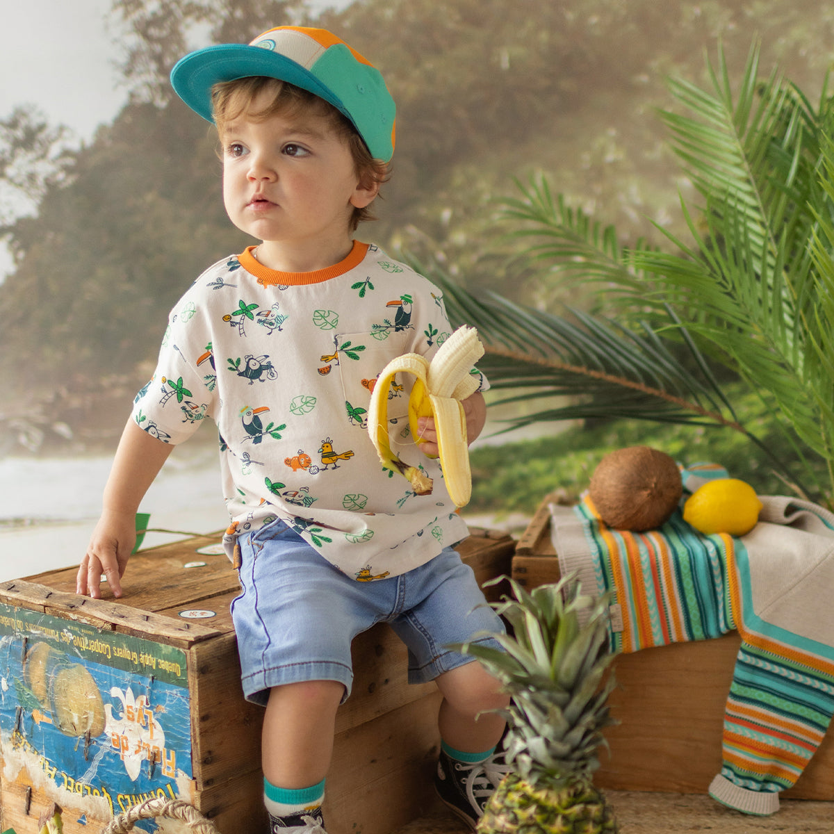 T-shirt beige à motifs d’oiseaux tropicaux, bébé