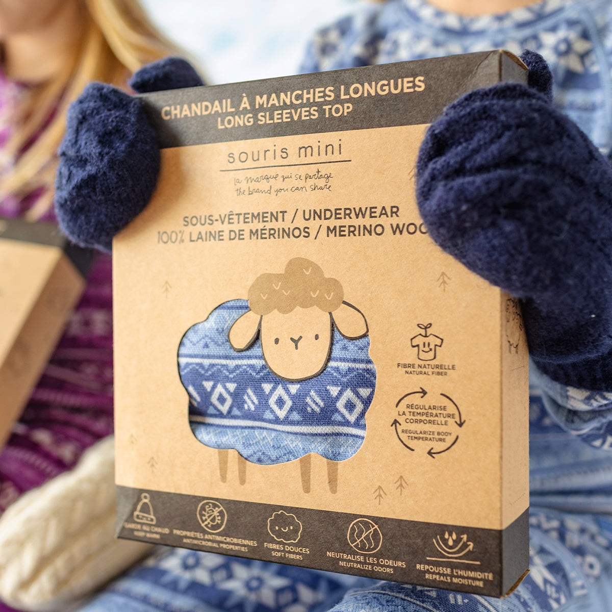 Blue sweater with all over print in merino wool, child