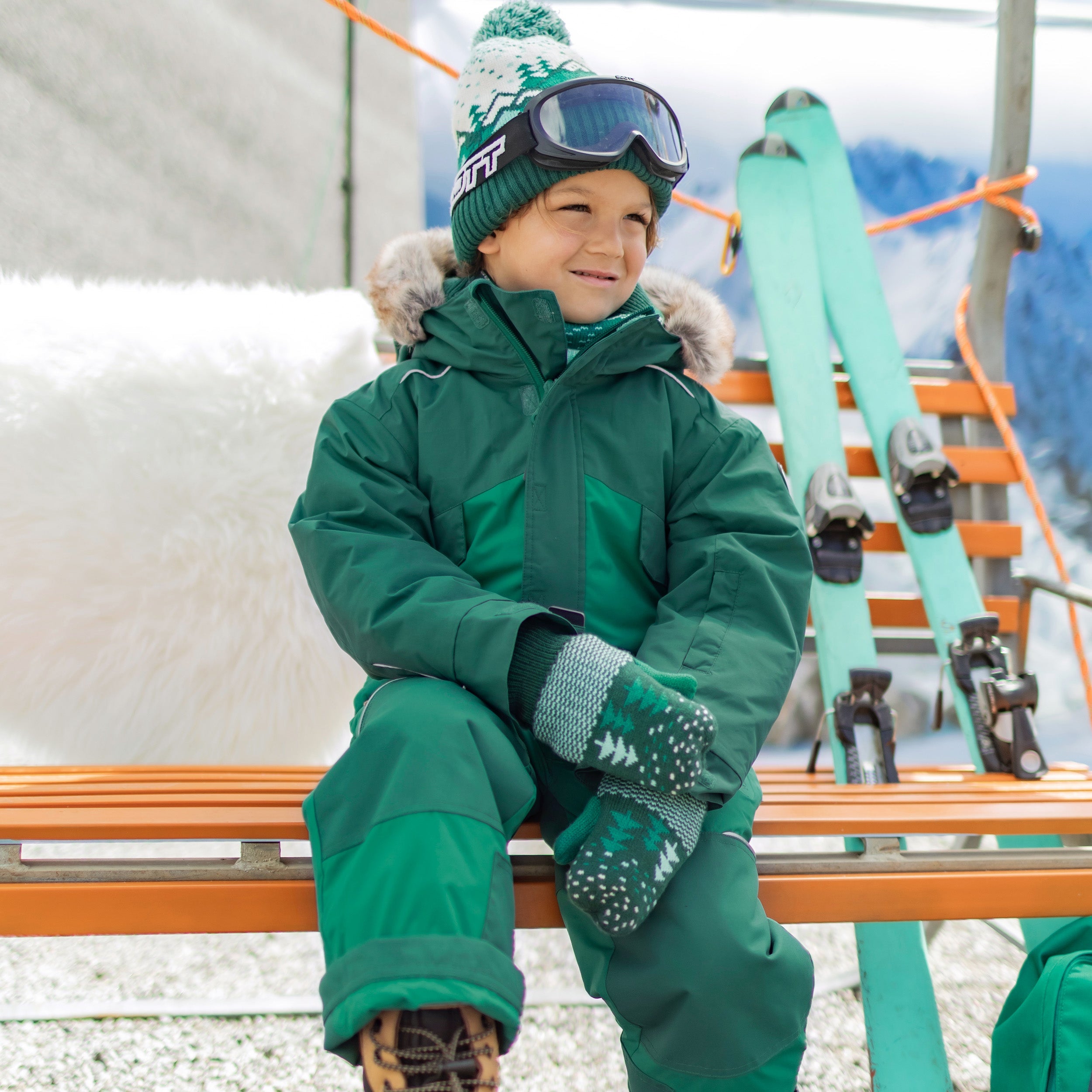 Tuque en tricot turquoise et crème à motifs avec pompon, enfant