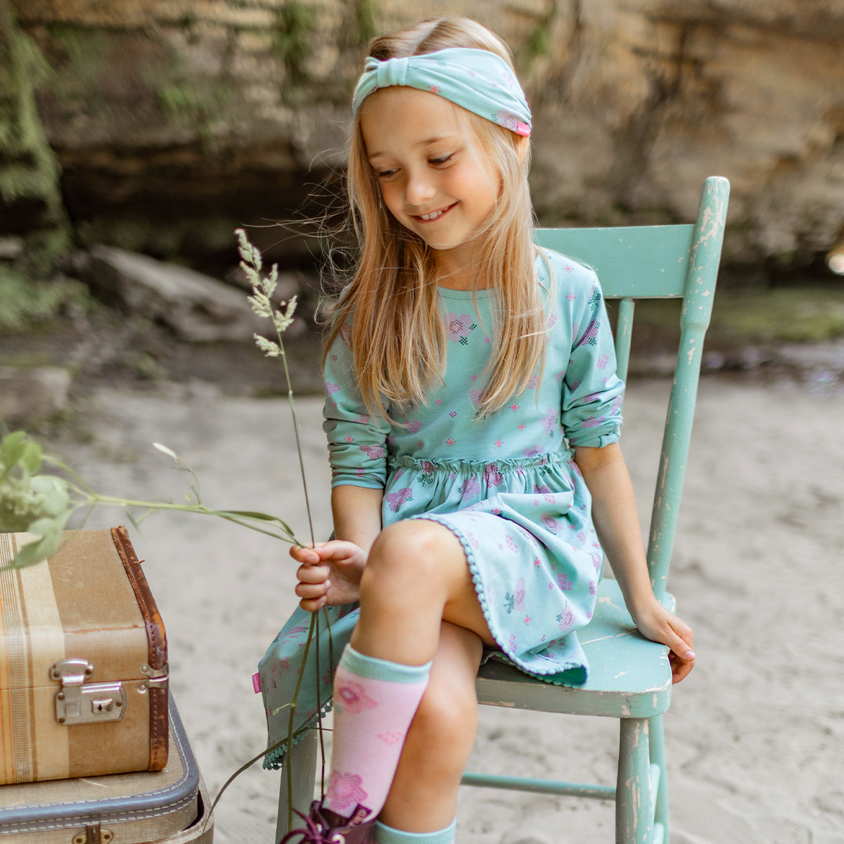 Robe turquoise à imprimé floral en jersey extensible, enfant