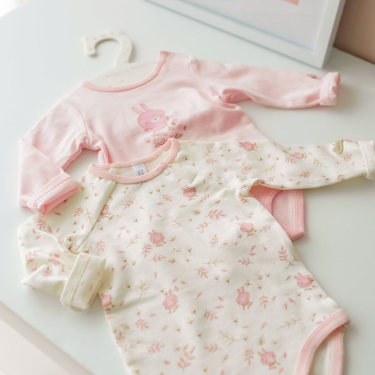 Set of two pink and cream bodysuits, newborn