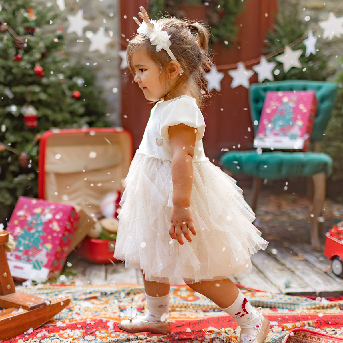 Cream velvet and holiday tulle dress, baby