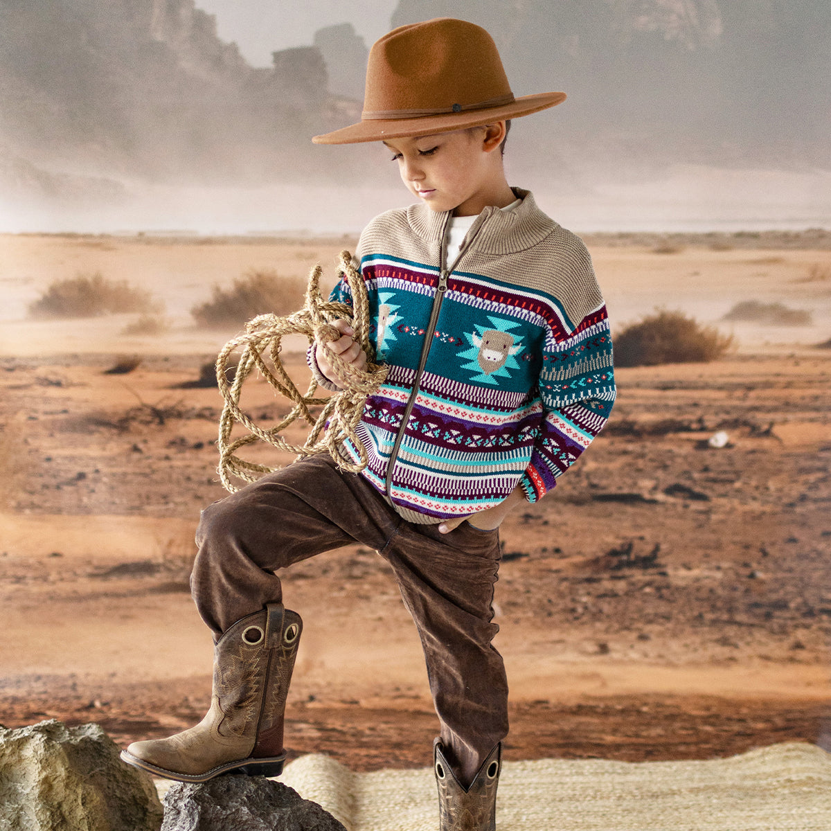 Photo d'un enfant portant la veste beige en tricot avec motifs, enfant
