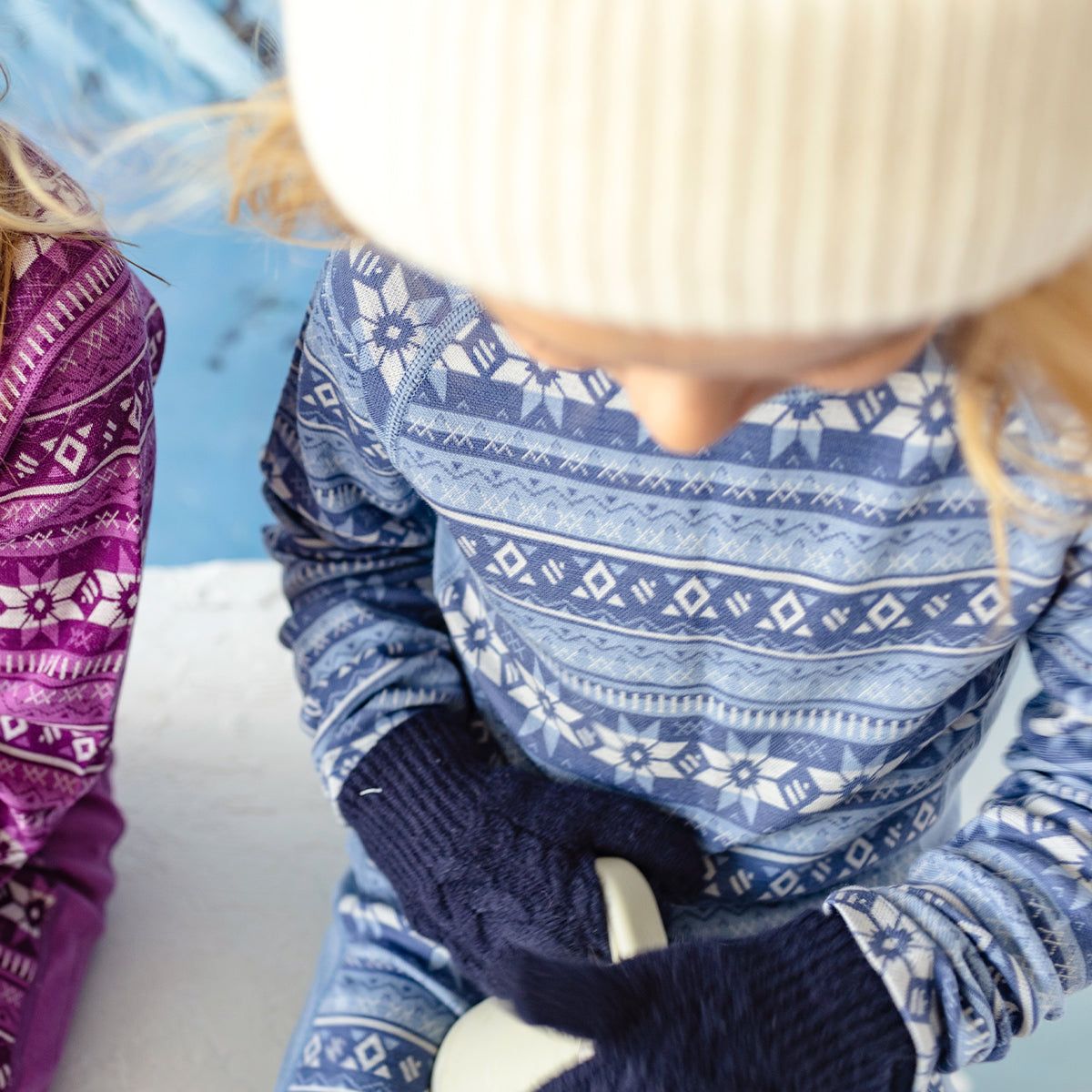 Blue sweater with all over print in merino wool, child