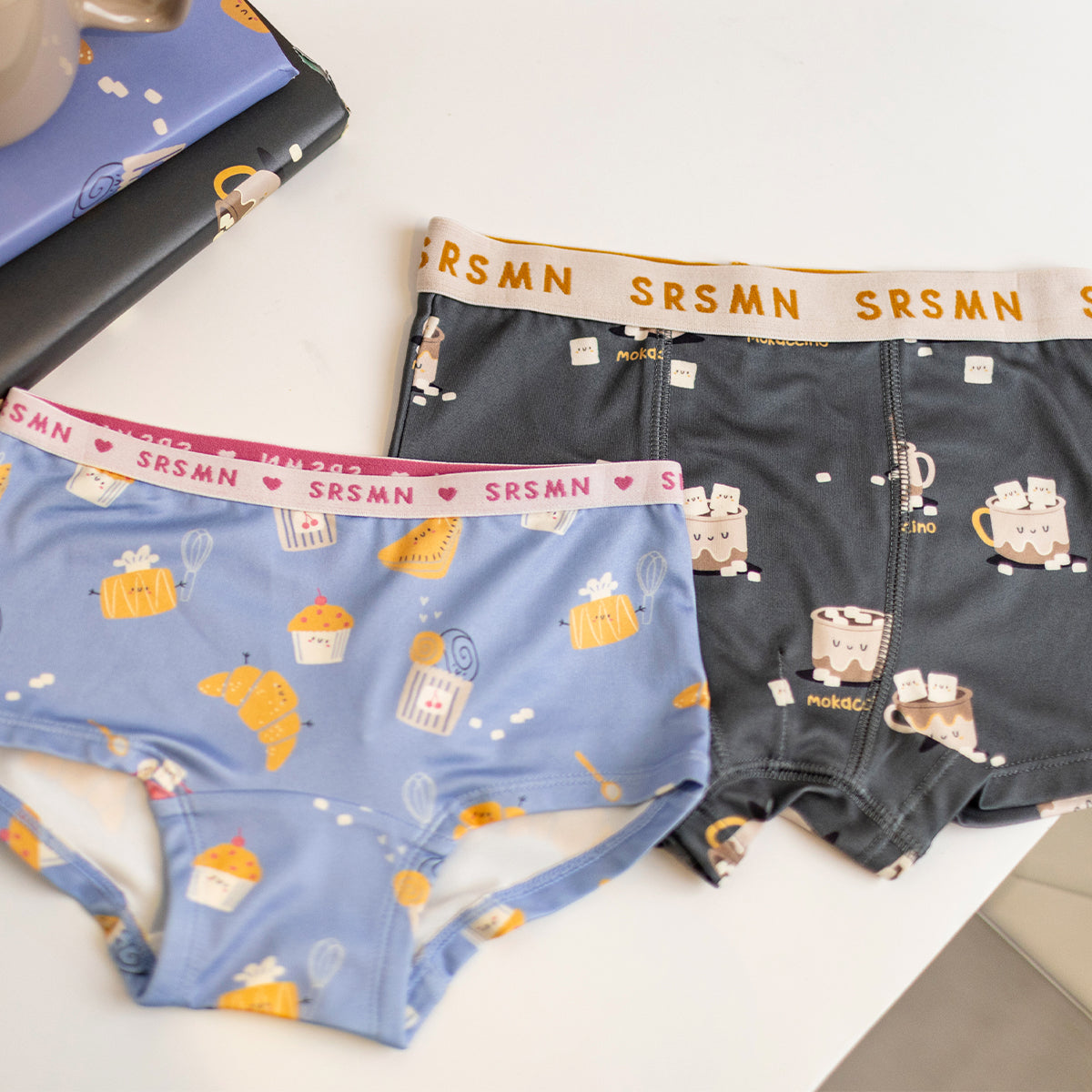 Blue boyshort underwear with croissant print, child
