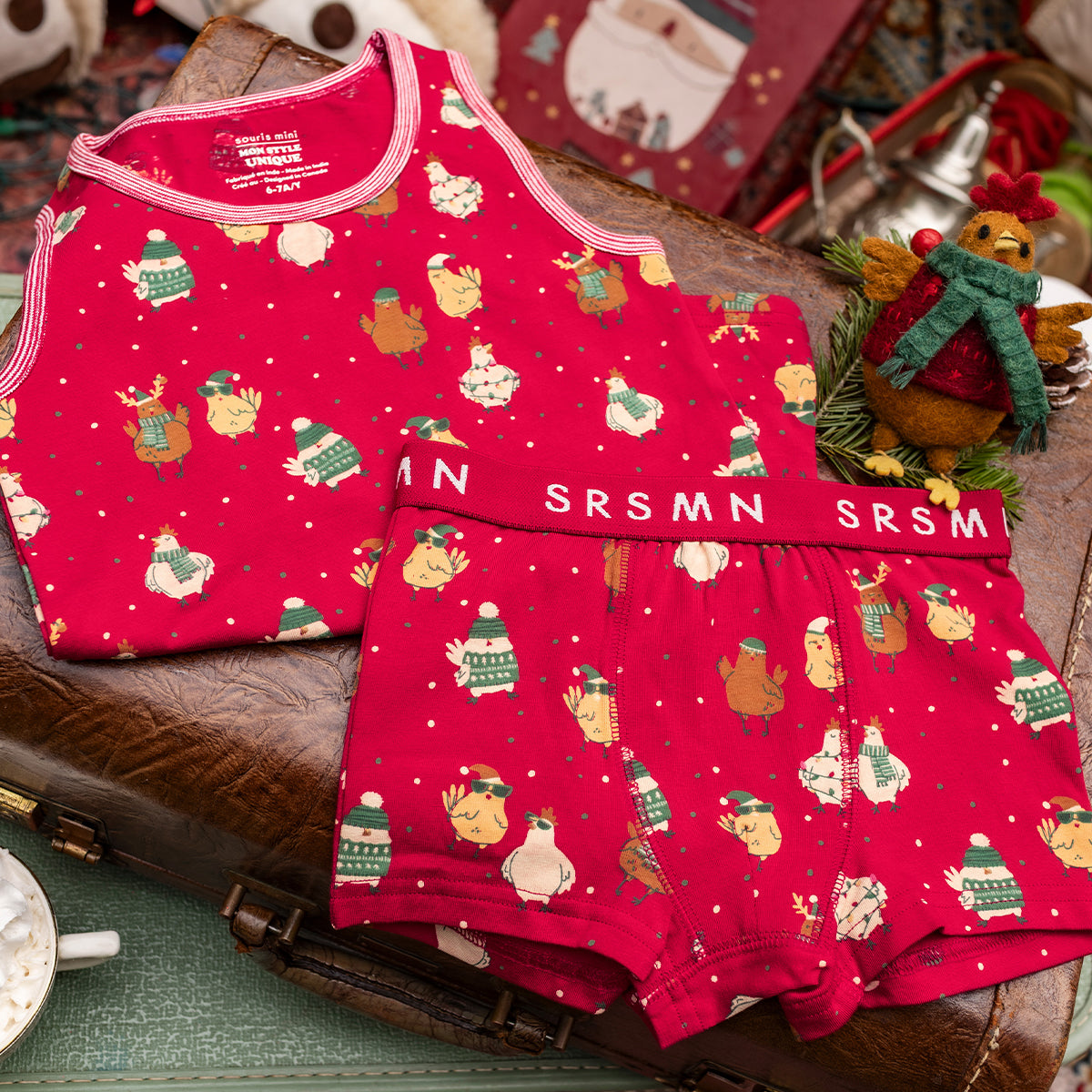 Red holiday chicken print tank top, child