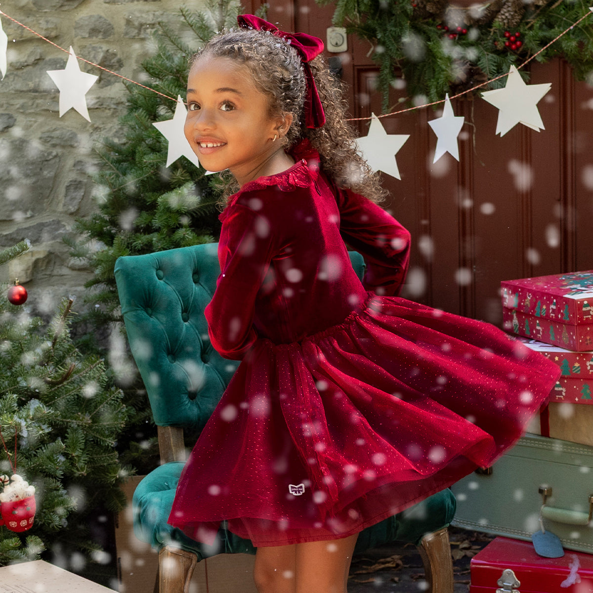 Robe rouge en velours et tulle des Fêtes, enfant