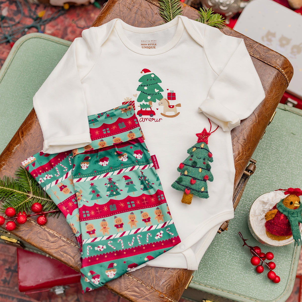 Cream christmas tree bodysuit, baby
