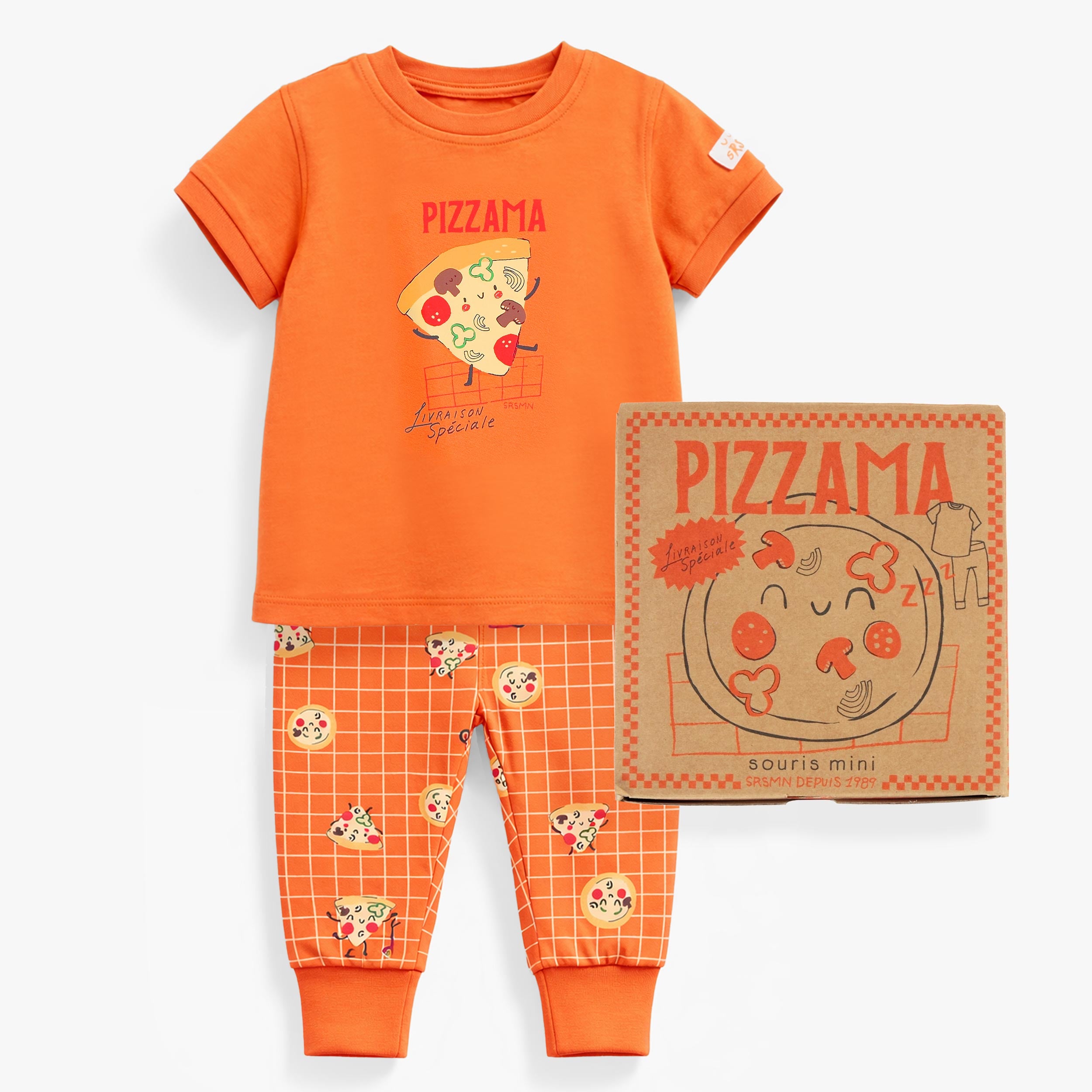 Pyjama deux pièces orange à motifs de pizzas avec boite Pizzama, bébé
