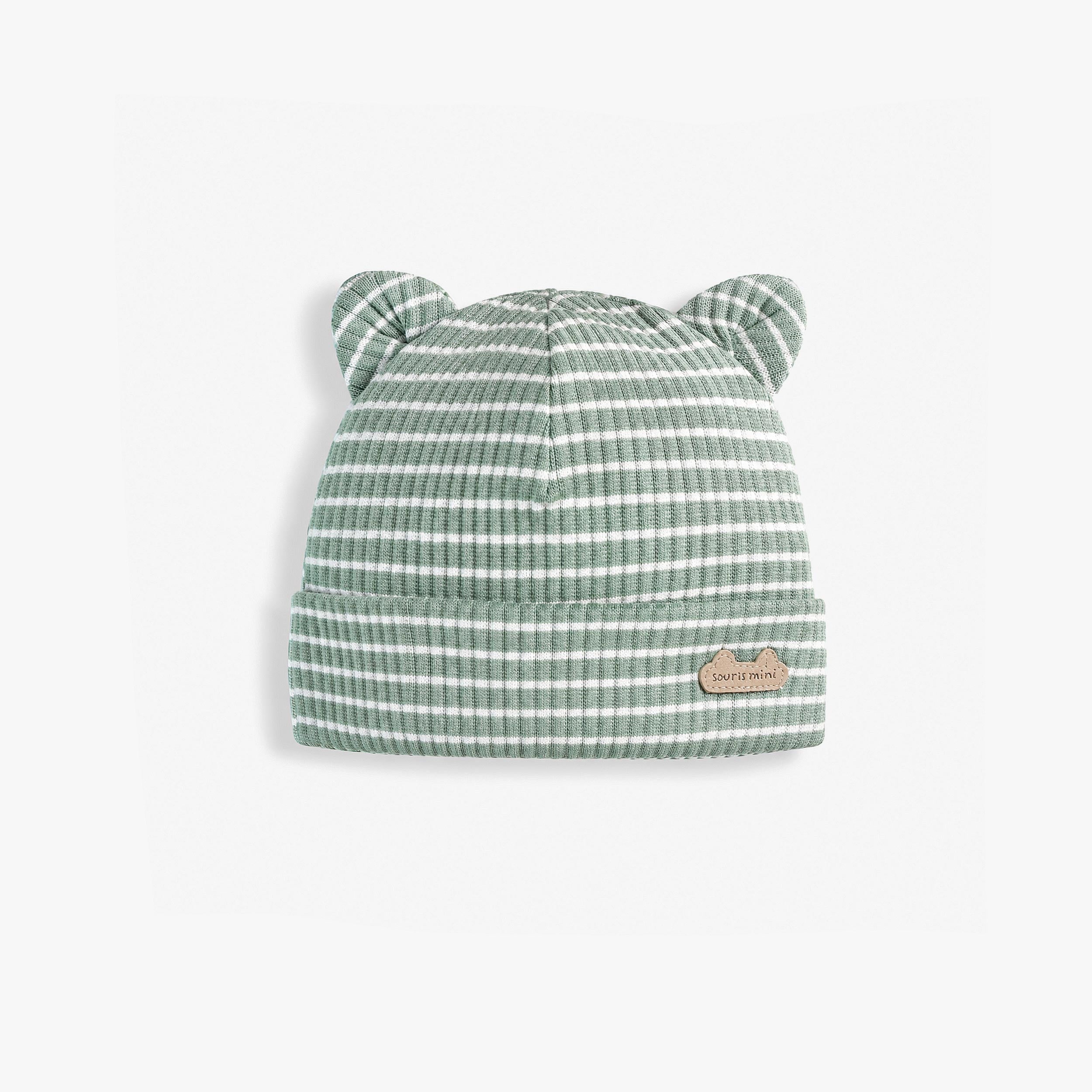 Bonnet vert sauge à rayures avec oreilles d’ourson, bébé garçon - Souris Mini