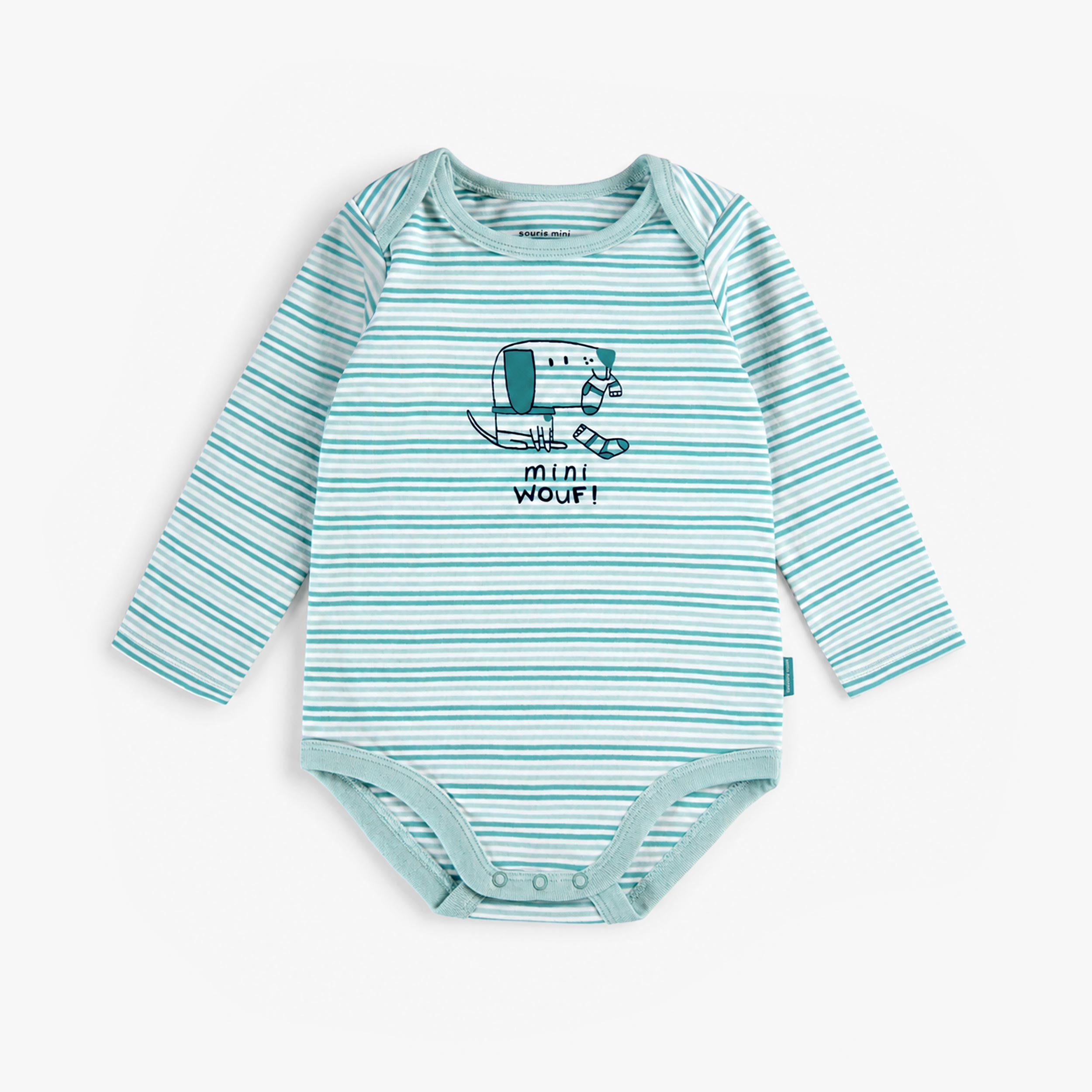Cache-couche rayé bleu et crème pour bébé en jersey de coton avec illustration de chien, manches longues et boutons-pression. - Souris Mini
