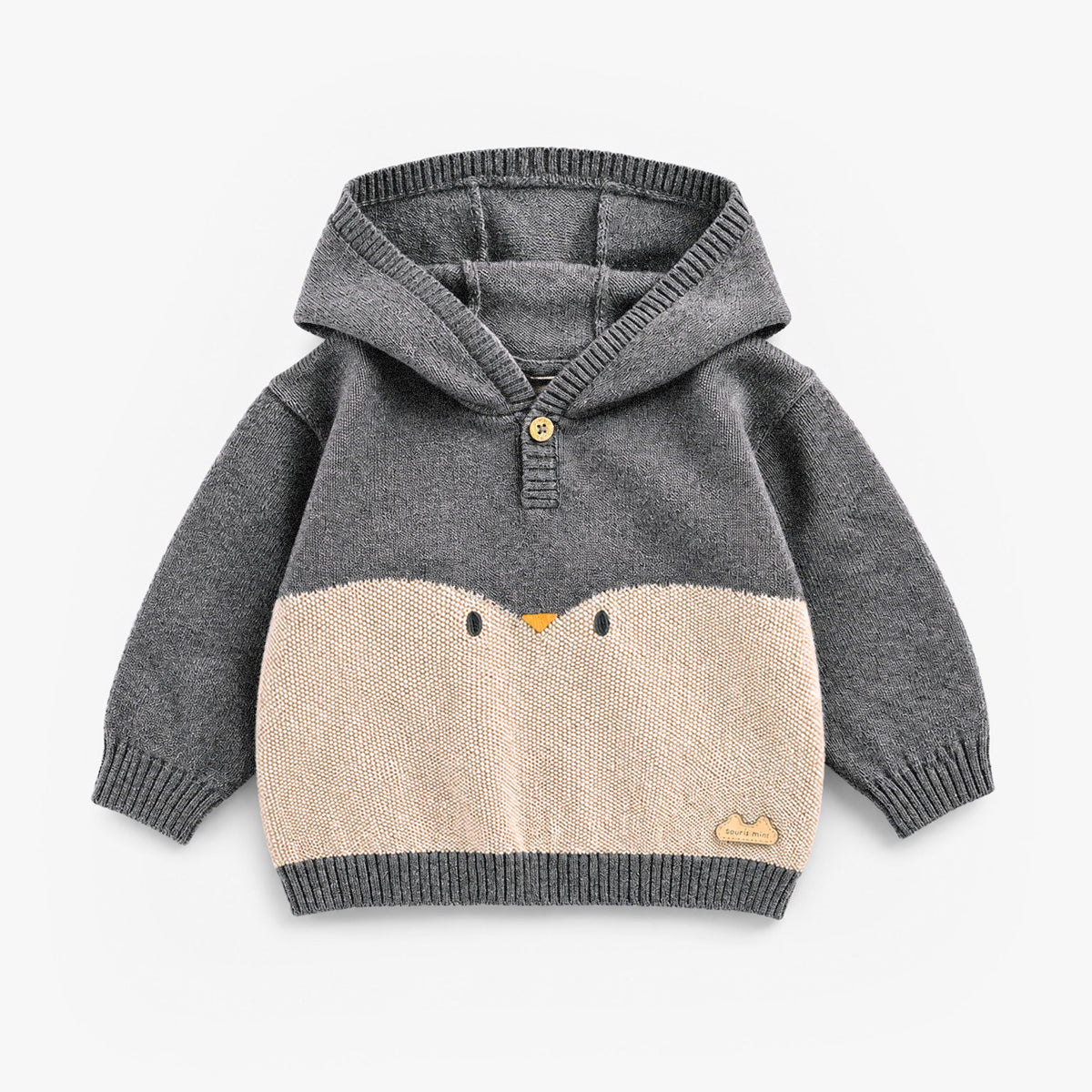 Chandail à capuchon gris à motif de pingouin en tricot, naissance - Souris MIni
