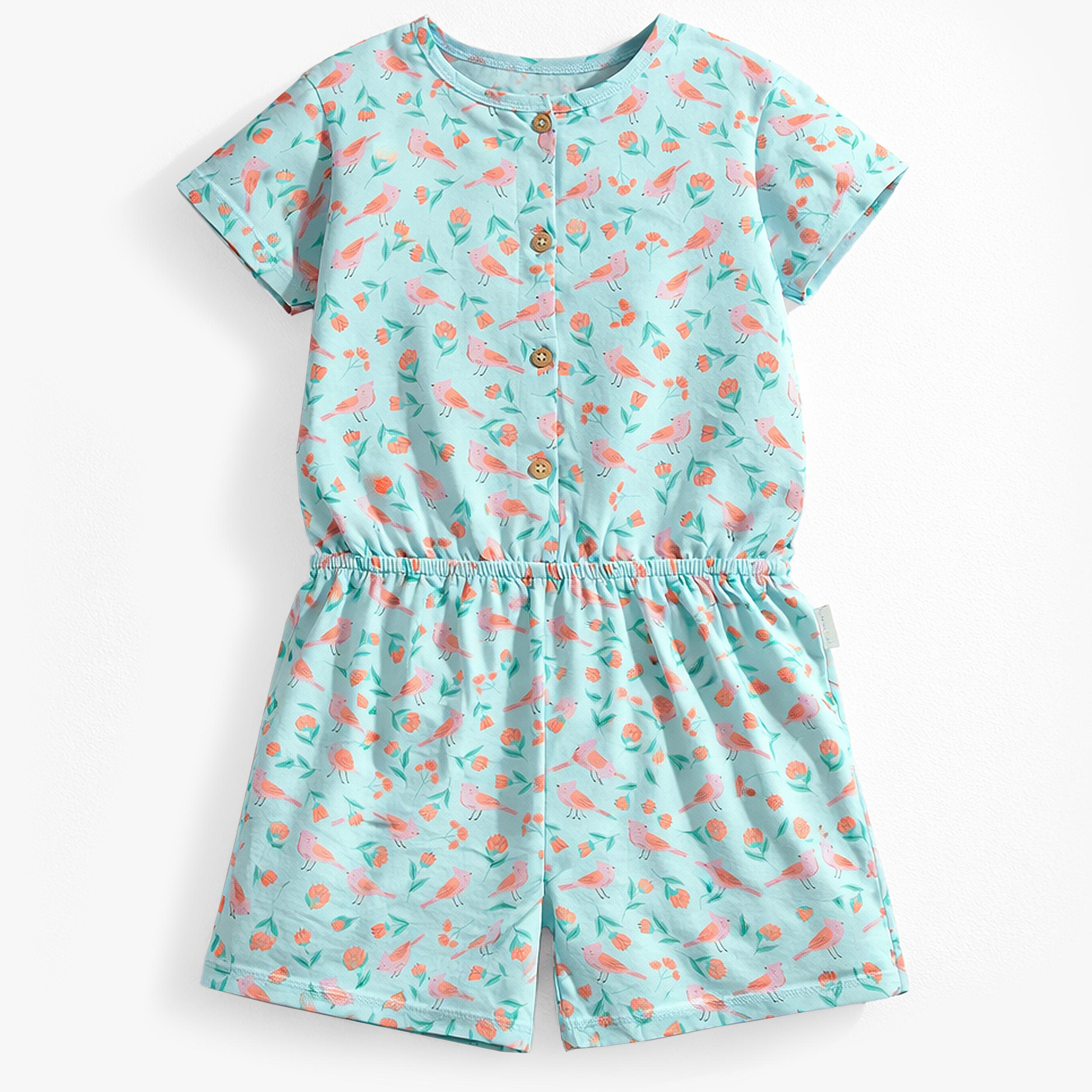 Combishort turquoise à motifs de fleurs et d’oiseaux, enfant - Souris Mini