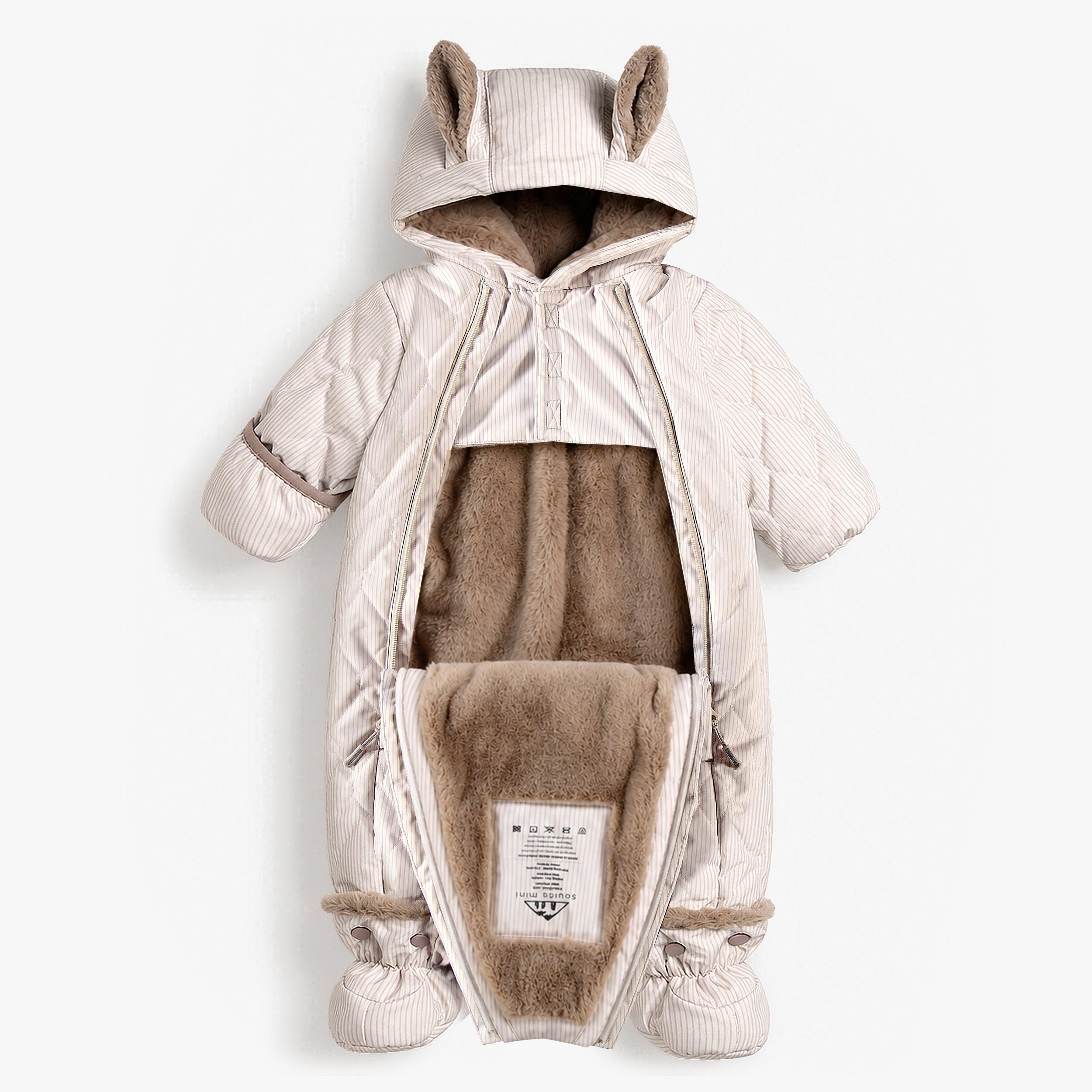 Détail de la doublure en peluche de l'habit de neige beige pour bébé Souris Mini
