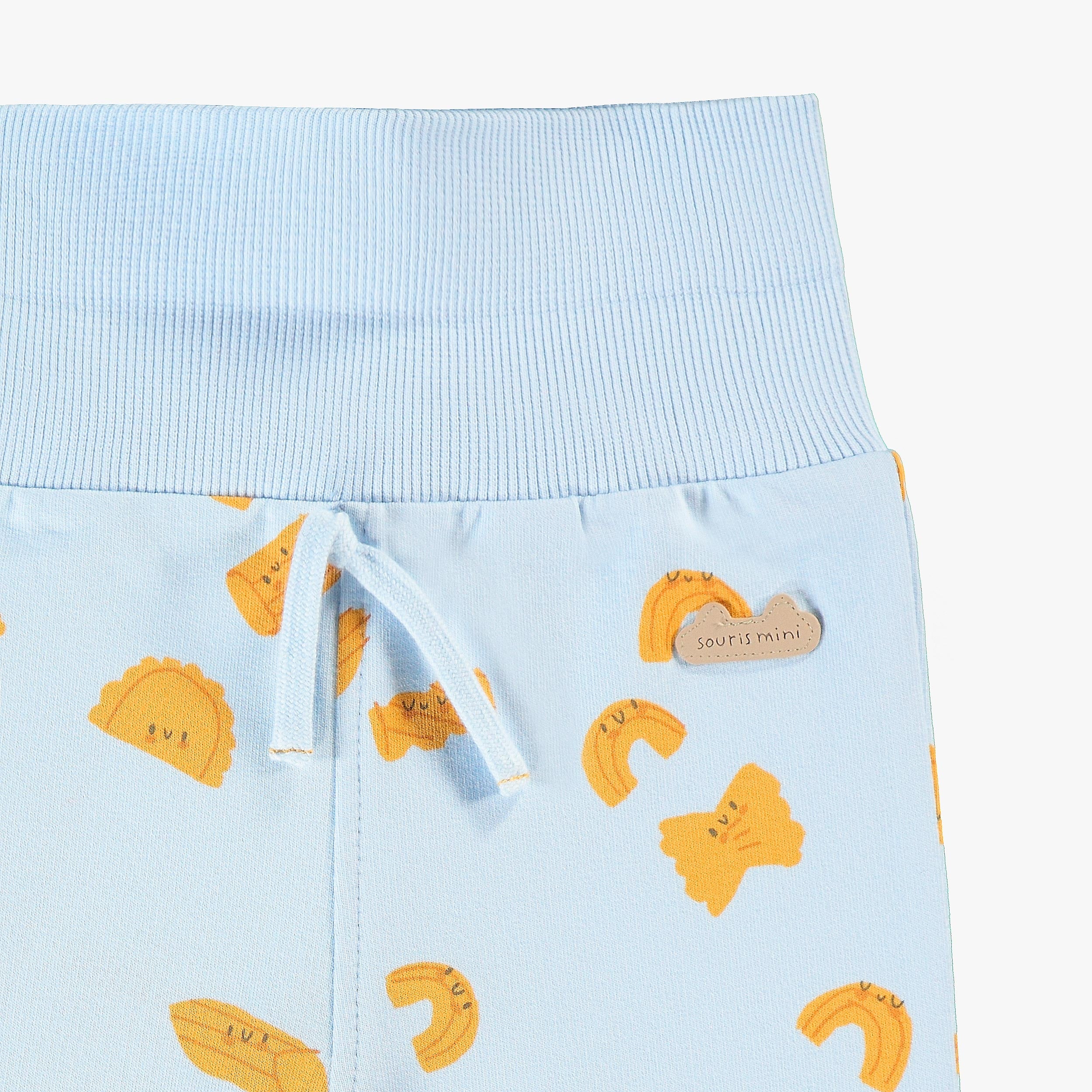 Détails zoom bande évolutive pantalon bleu à motifs de pâtes, naissance
