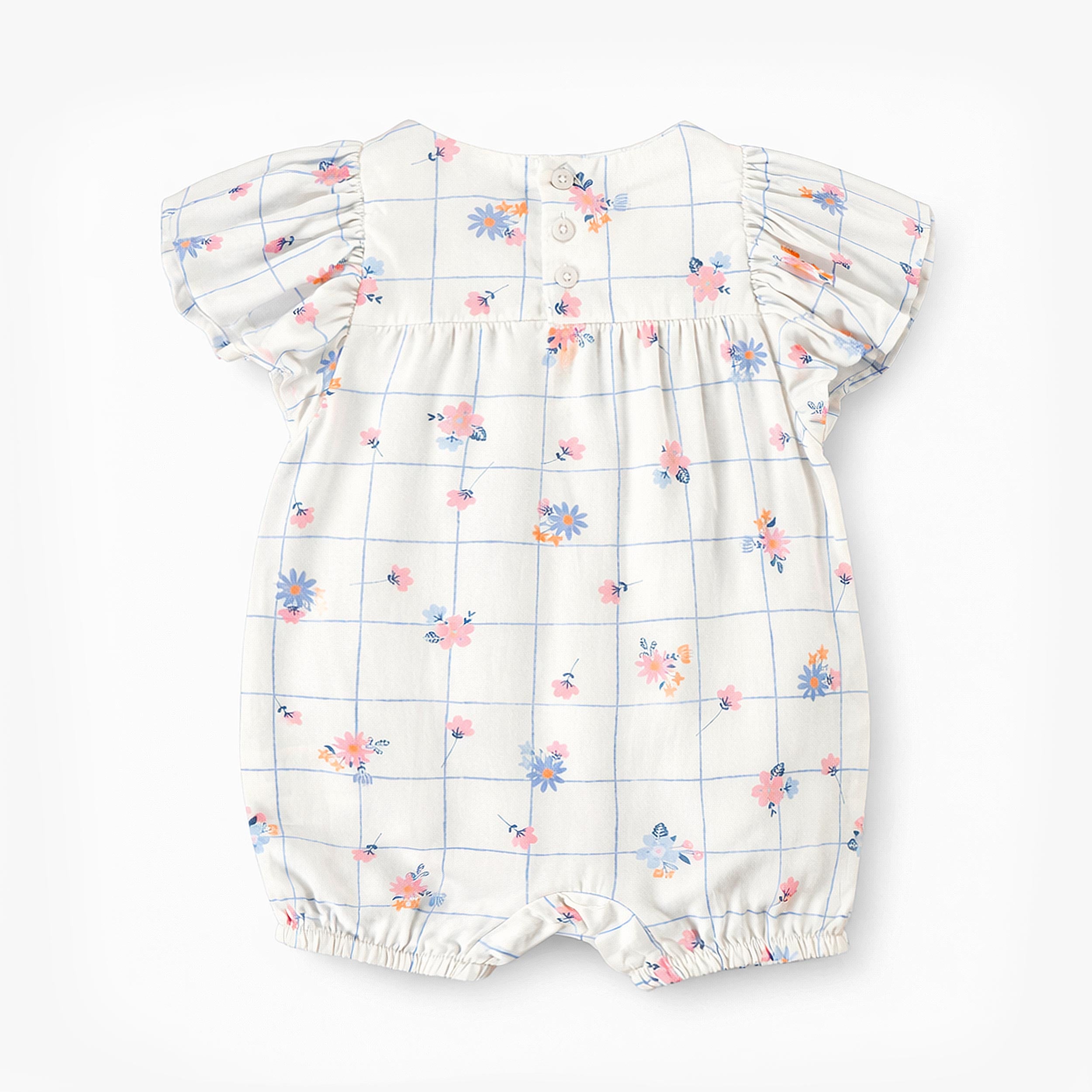 Dos de la barboteuse blanche à carreaux et fleurs, bébé