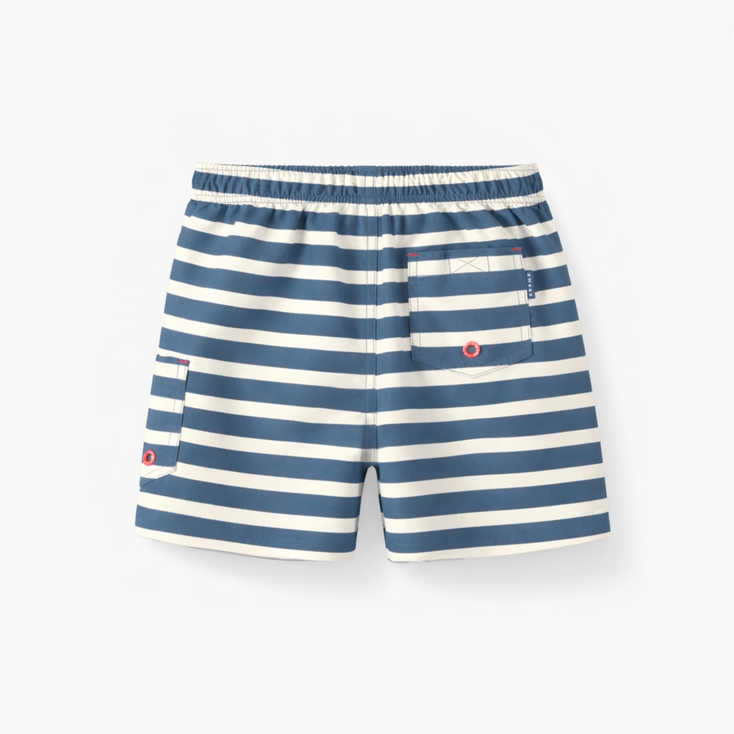 Dos du bermuda de bain bleu et crème à rayures, enfant