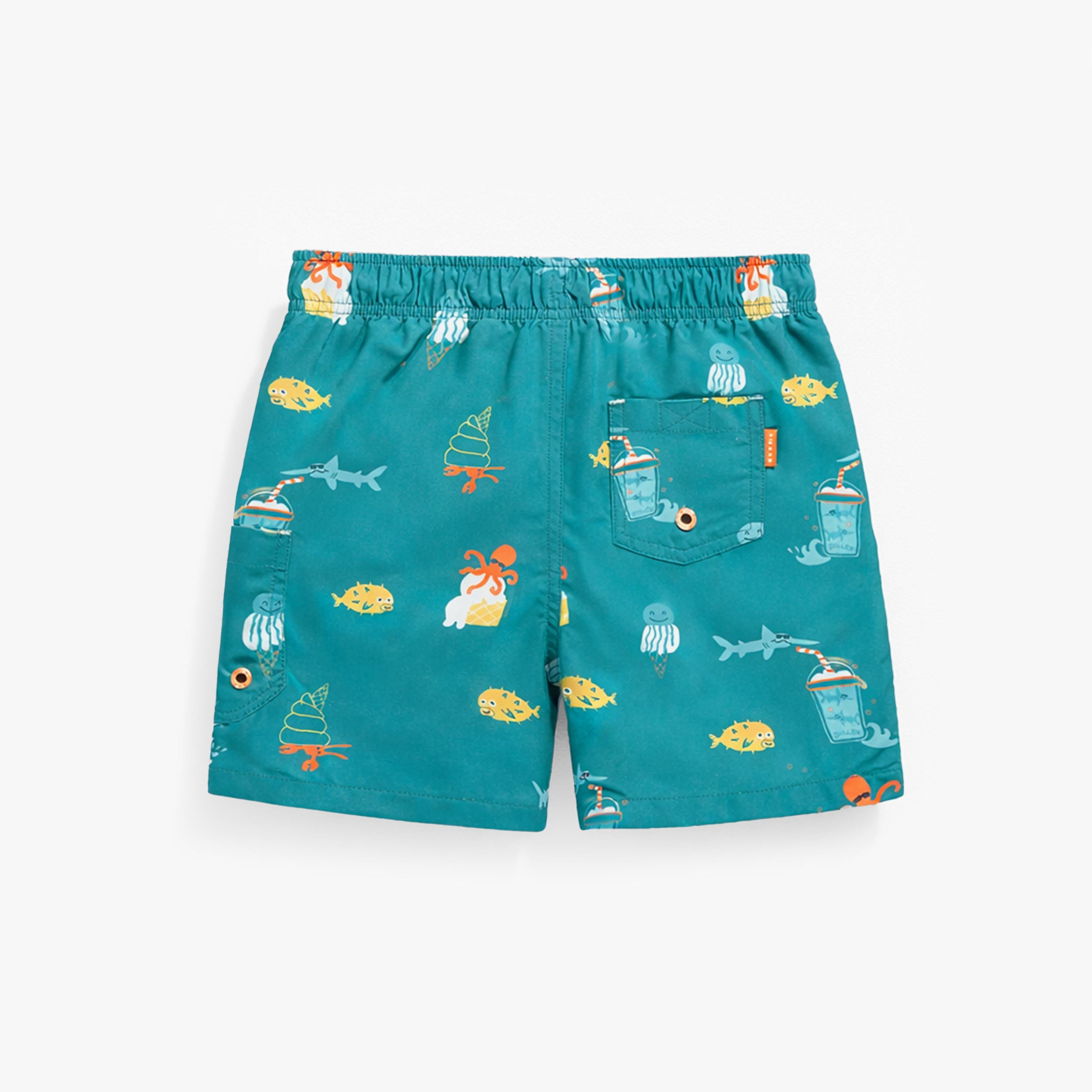 Dos du bermuda de bain bleu sarcelle avec motifs, enfant