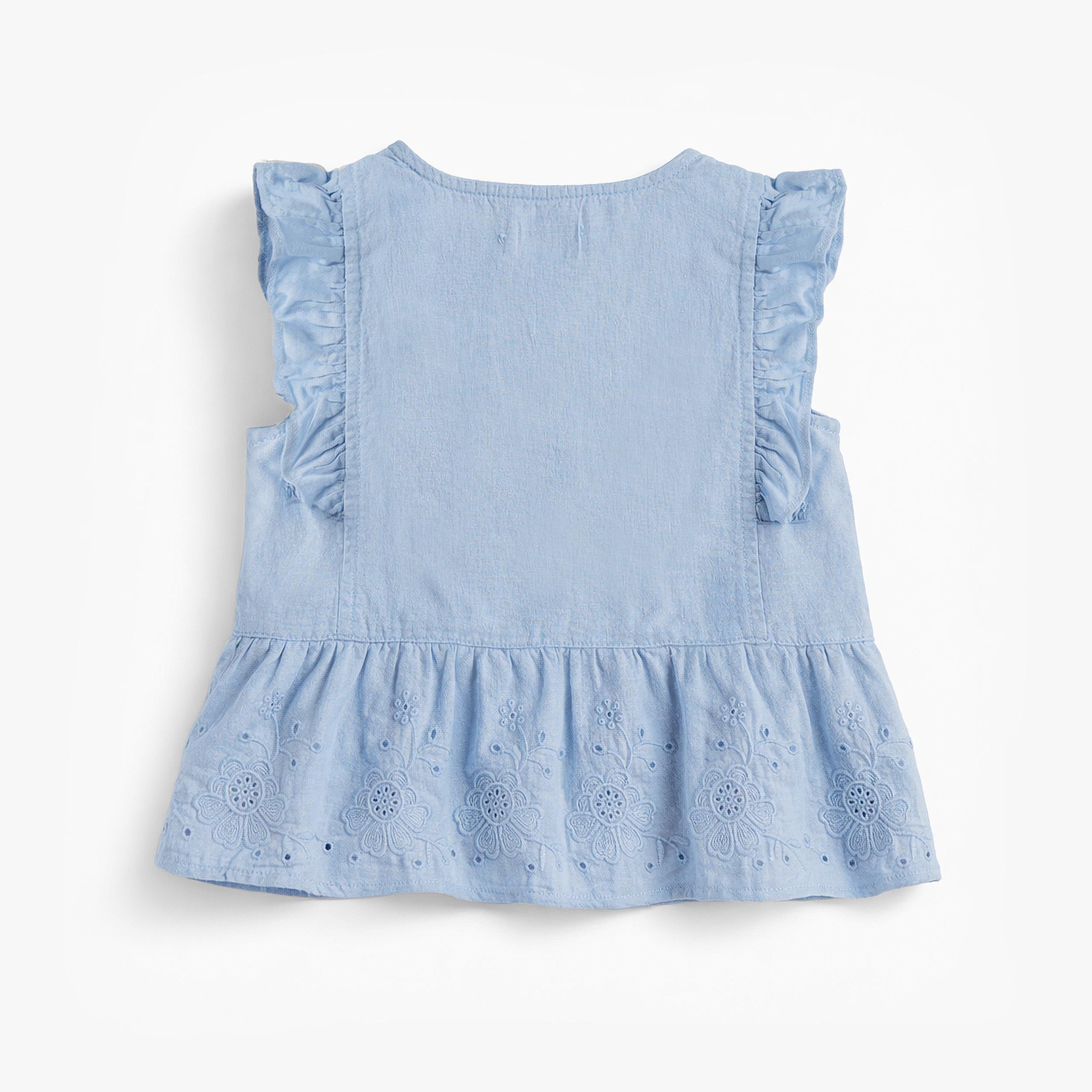 Dos de la blouse bleue avec broderie anglaise, enfant