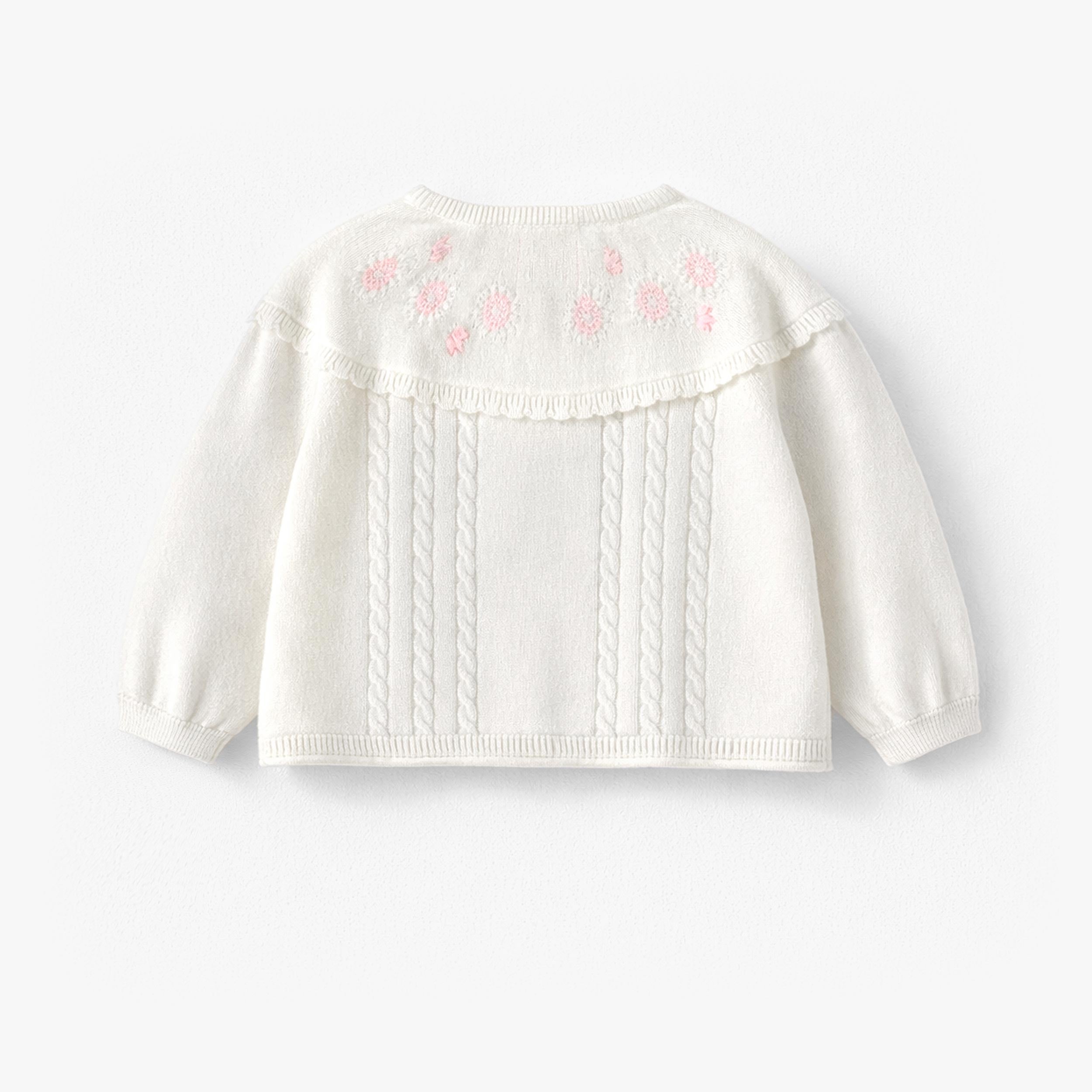 Dos du cardigan blanc en tricot avec broderies de fleurs, bébé - Souris Mini