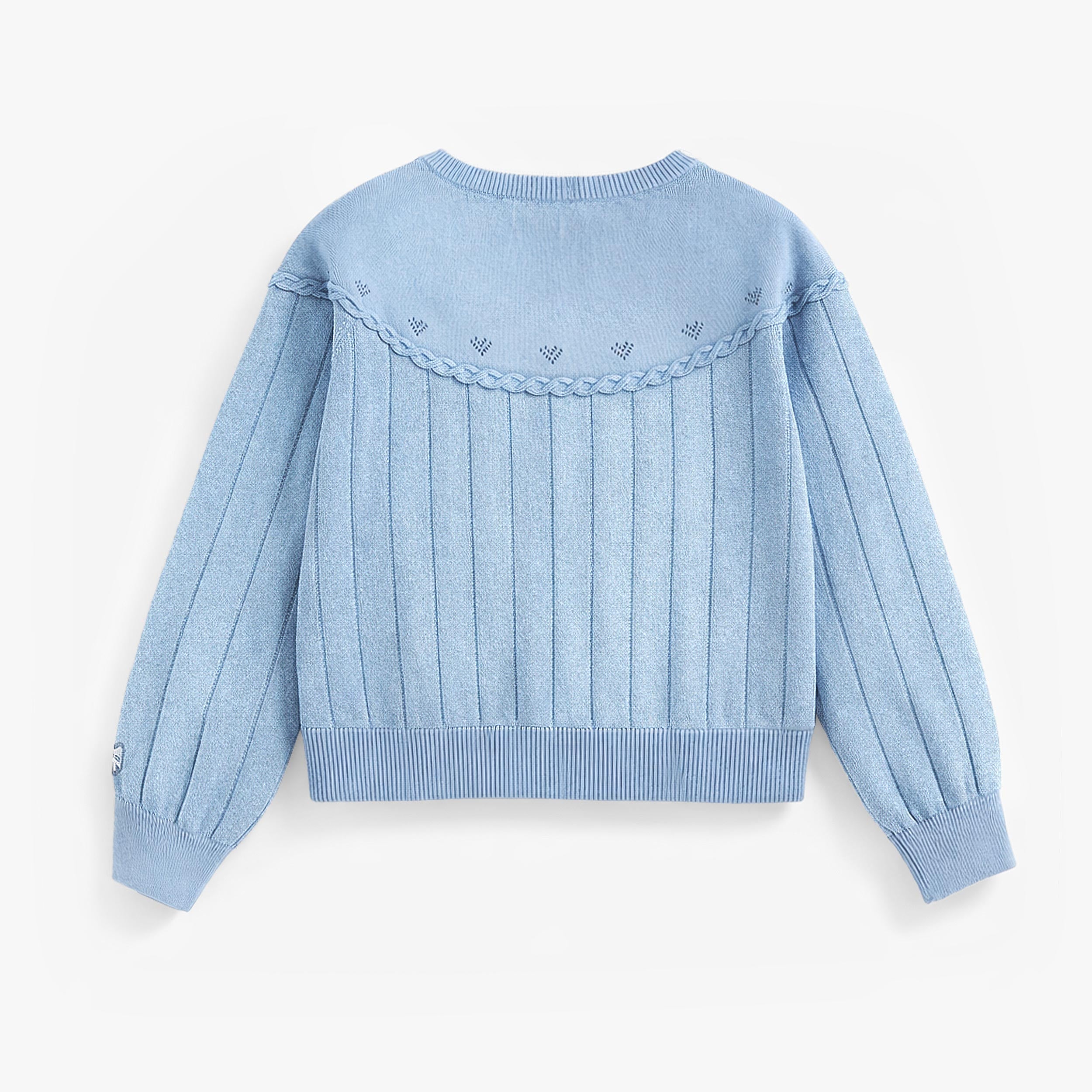 Dos du cardigan bleu en tricot, enfant
