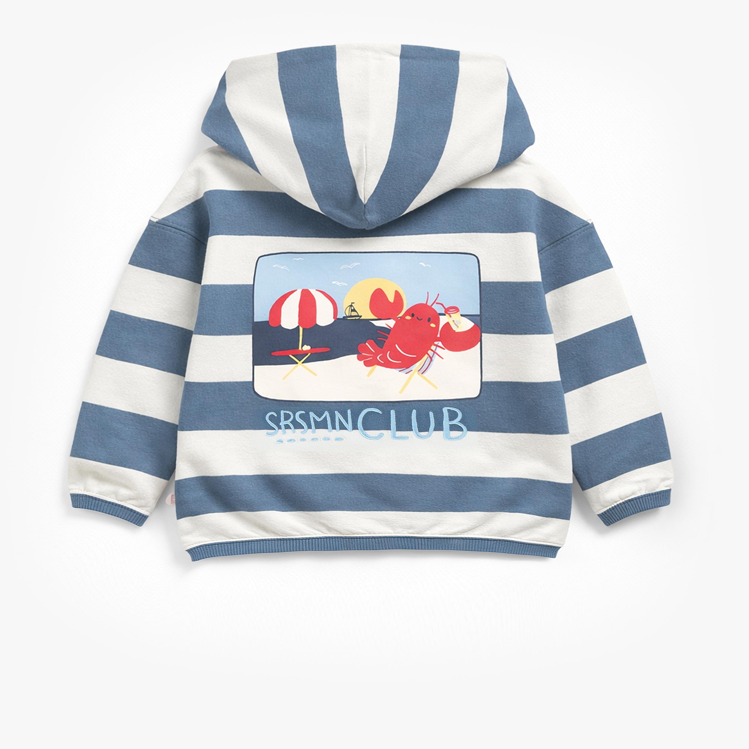 Dos du chandail à capuchon beige à rayures bleues, bébé