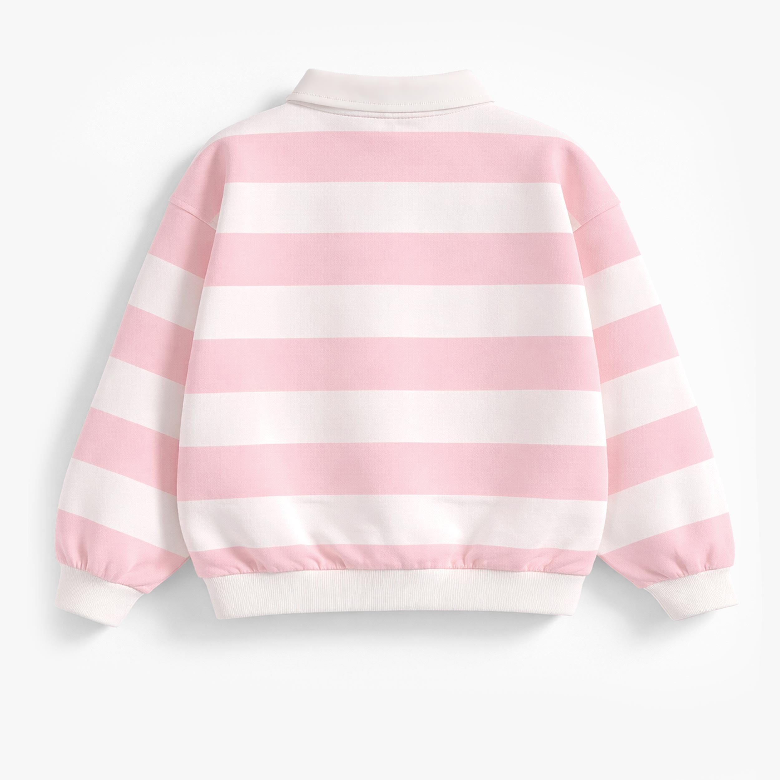 Dos du chandail crème et rose à rayures avec col polo, enfant