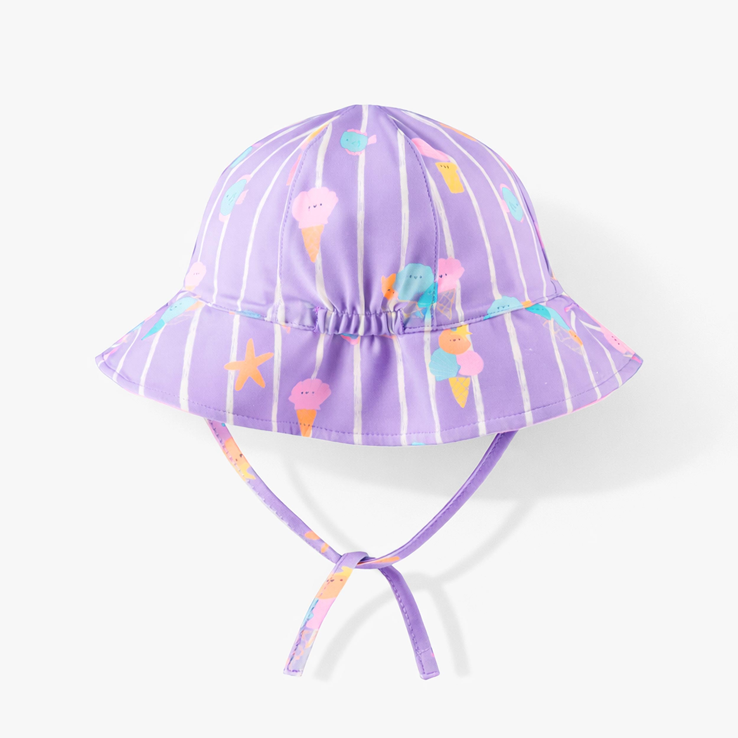 Dos du chapeau de soleil réversible mauve avec rayures et motifs, bébé