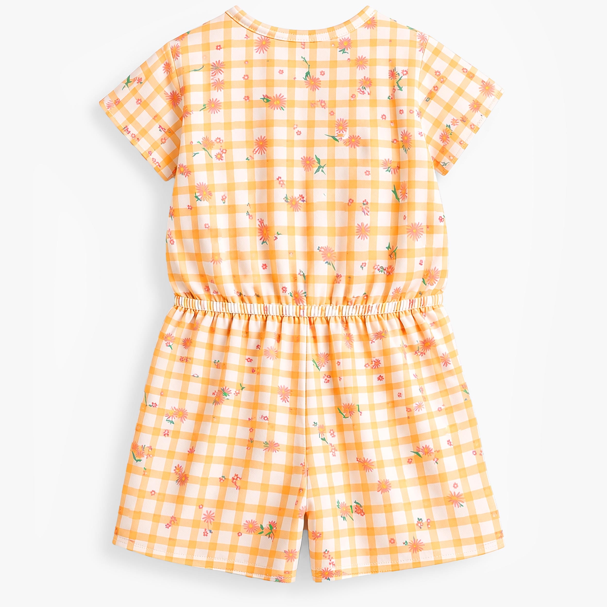 Dos du combishort jaune et blanc à motifs de carreaux et fleurs, enfant