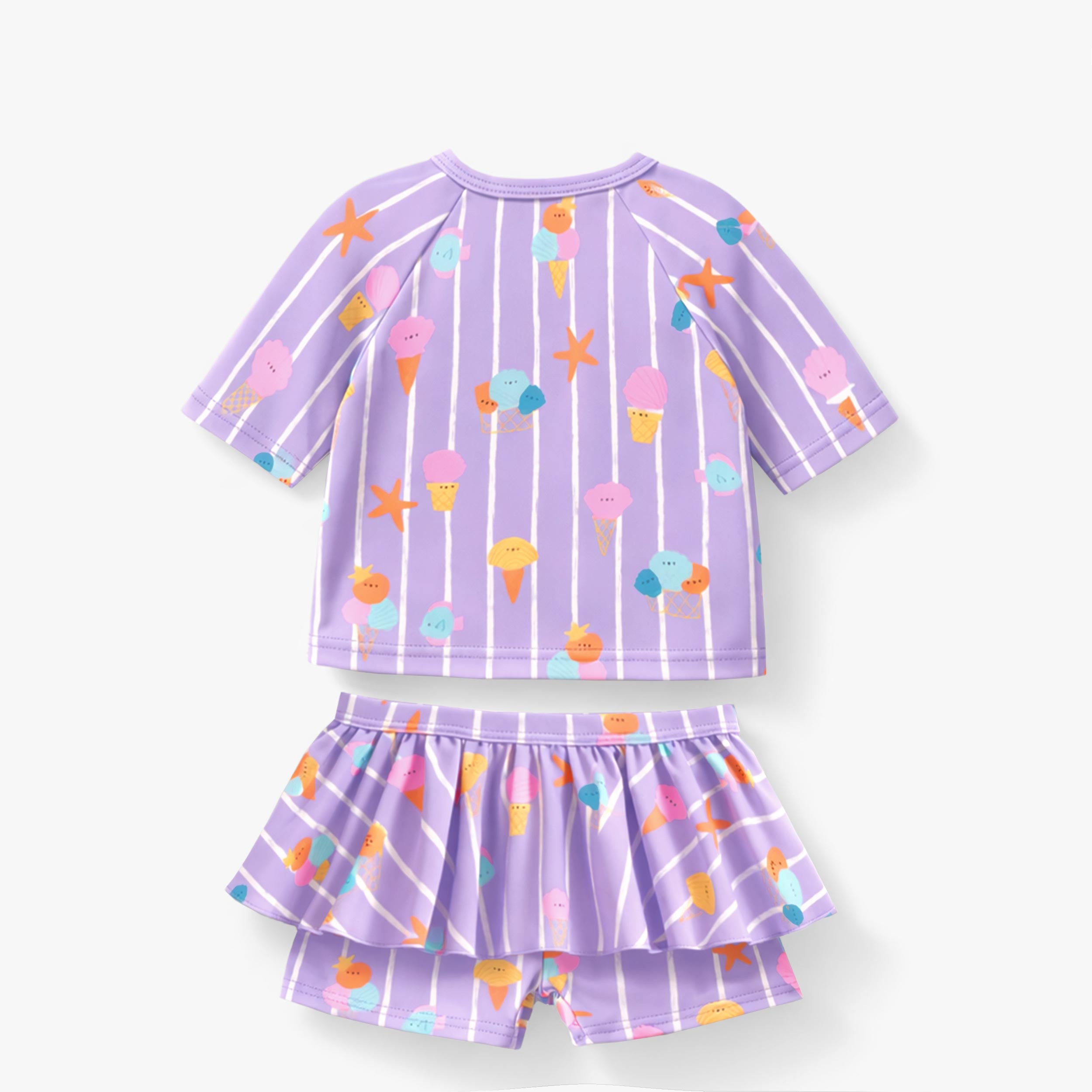 Dos du maillot de bain deux pièces mauve avec rayures et motifs, bébé